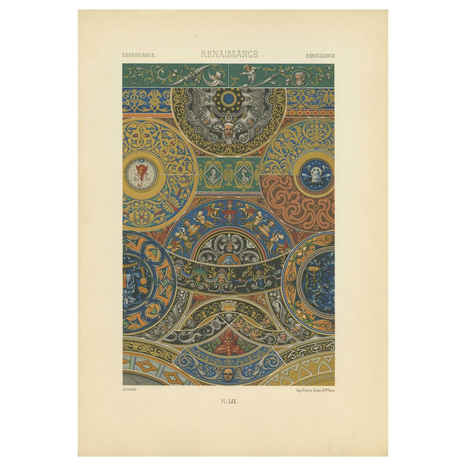 Pl. 59 Antique Print Of Renaissance Ornaments By Racinet, Circa 1890
