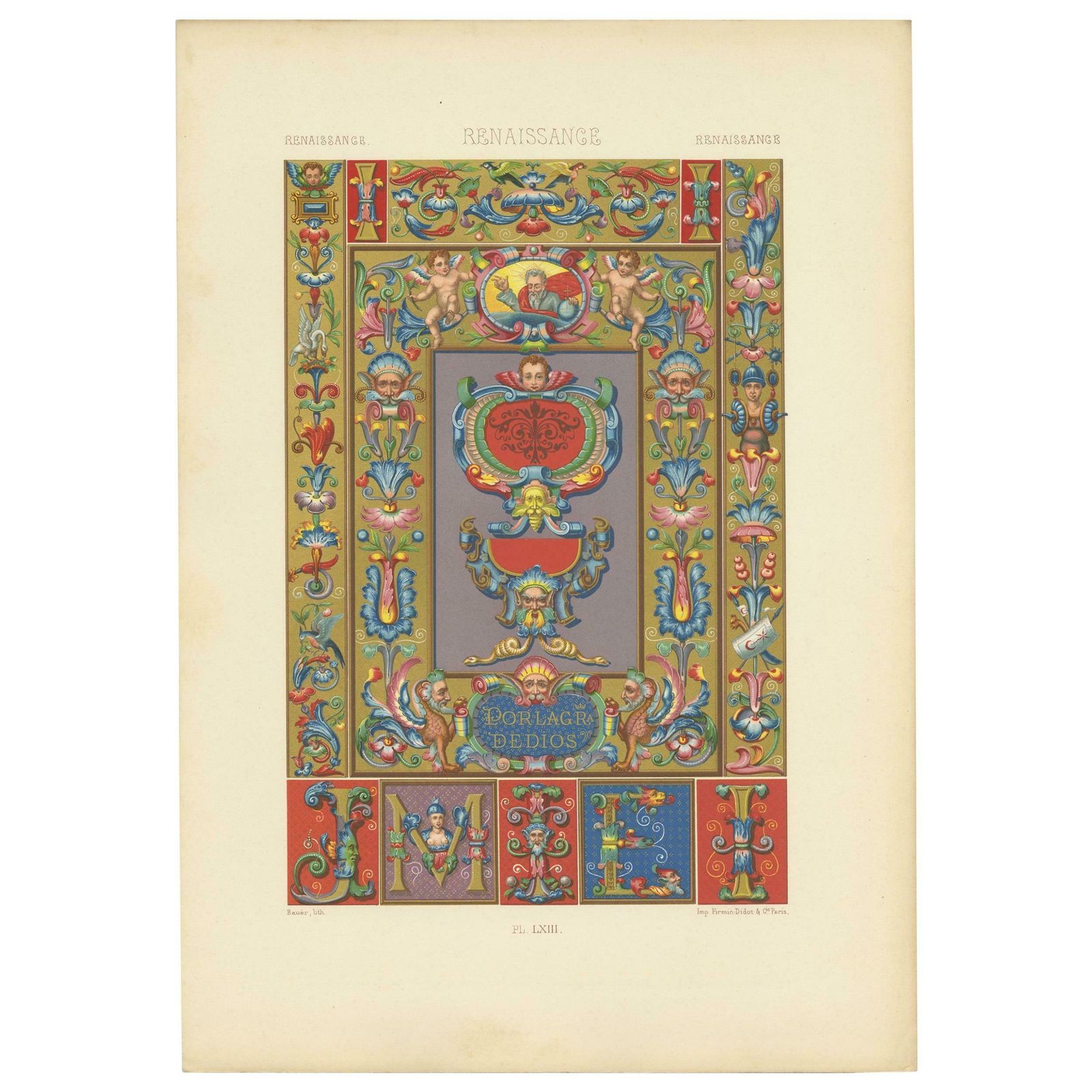 Pl. 63 Antique Print Of Renaissance Ornaments By Racinet, Circa 1890
