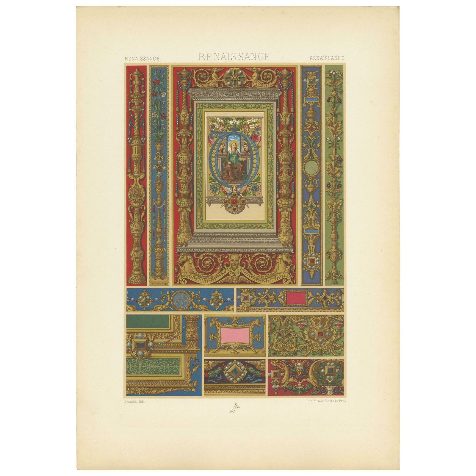 Pl. 83 Antique Print Of Renaissance Jewelry Designs By Racinet, Circa 1890