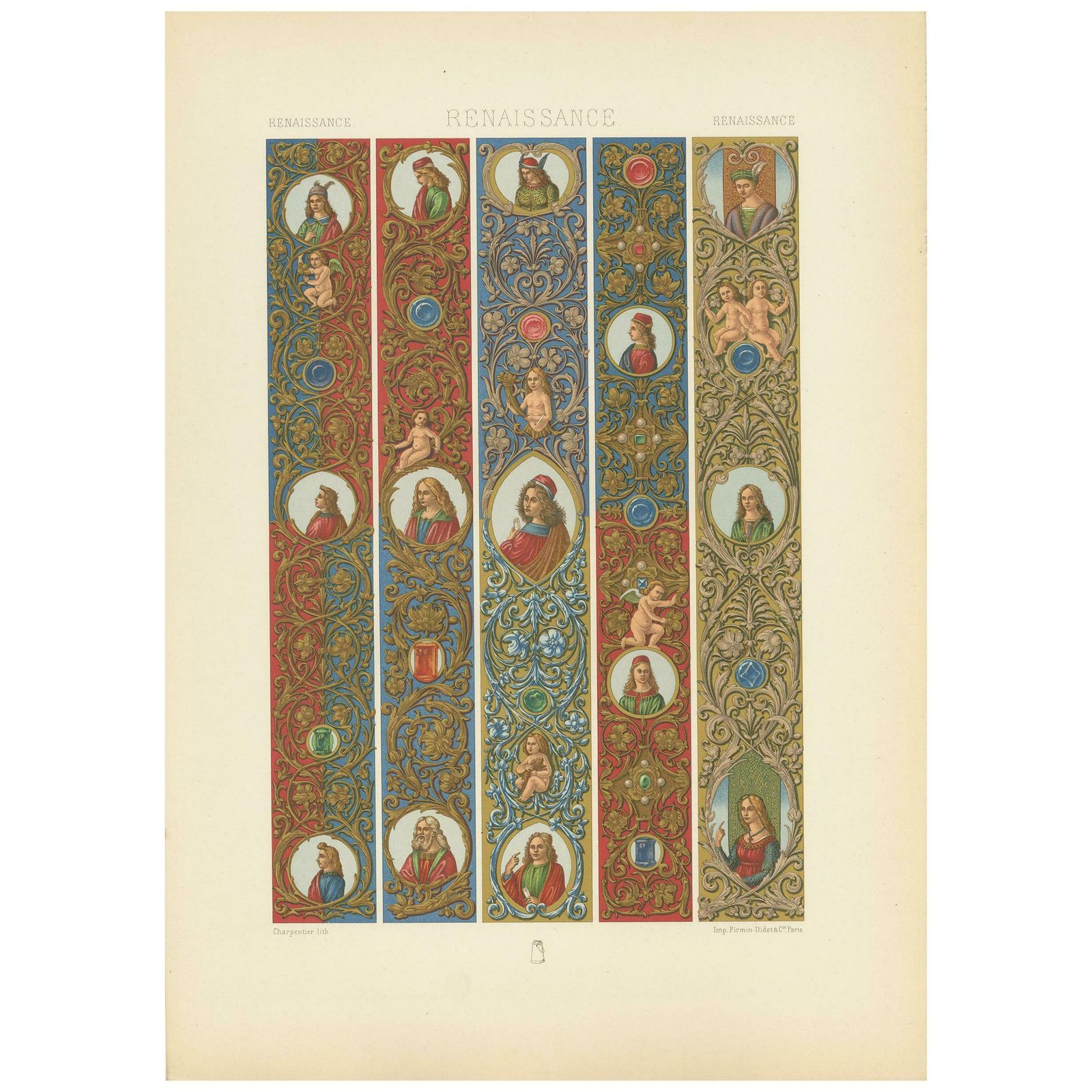Pl. 75 Antique Print Of Renaissance Borders A Florentine By Racinet, Circa 1890