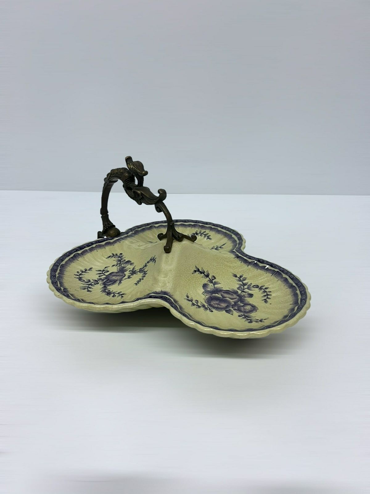 photo for sale Vintage Wong Lee Tray, Chinese Porcelain Basket, Copper Dragon Handle, Candy Chocolate Tray, Rare Mid Century Find