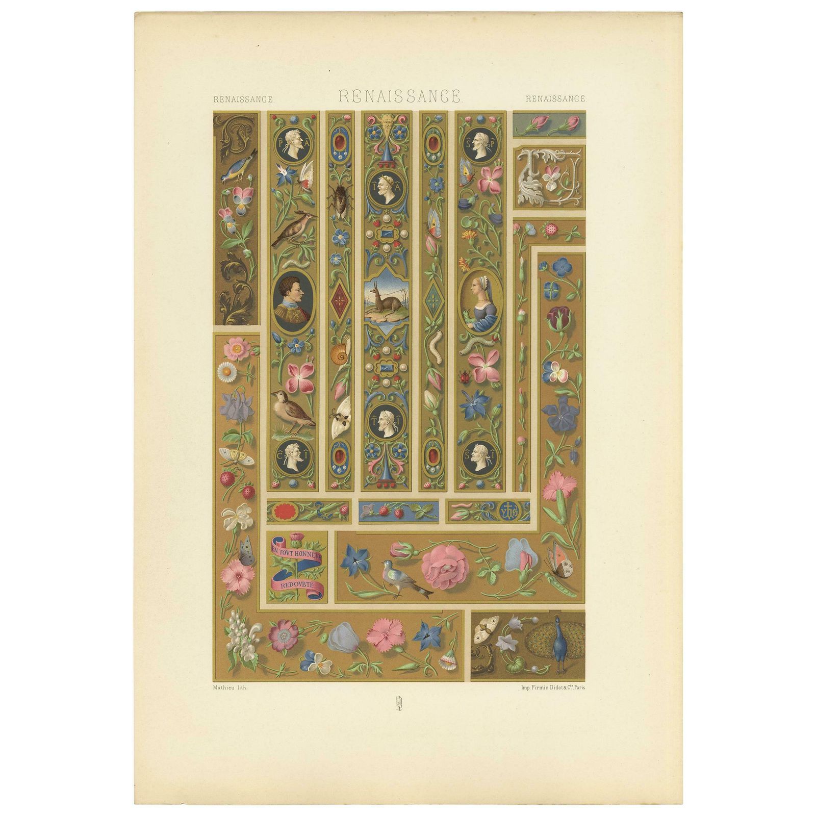 Pl. 78 Antique Print Of Renaissance Margin Decorations By Racinet, Circa 1890