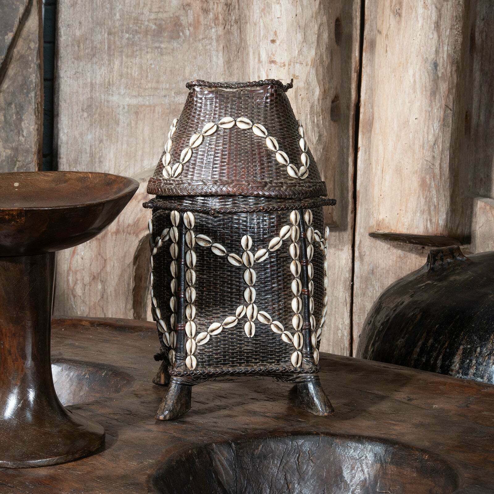 Vintage Tribal Basket Woven From Grass And Embellished With Cowrie Shells From Nagaland   Ca 1930