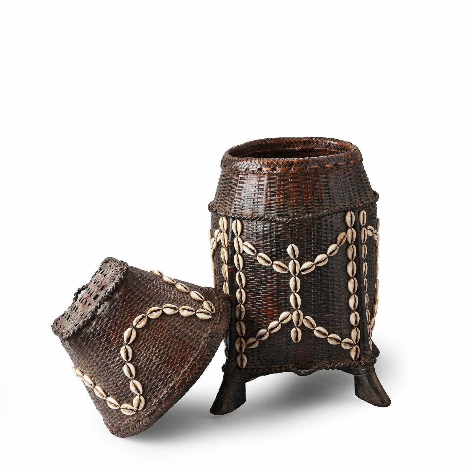 Vintage Tribal Basket Woven From Grass And Embellished With Cowrie Shells From Nagaland   Ca 1930 photo for sale