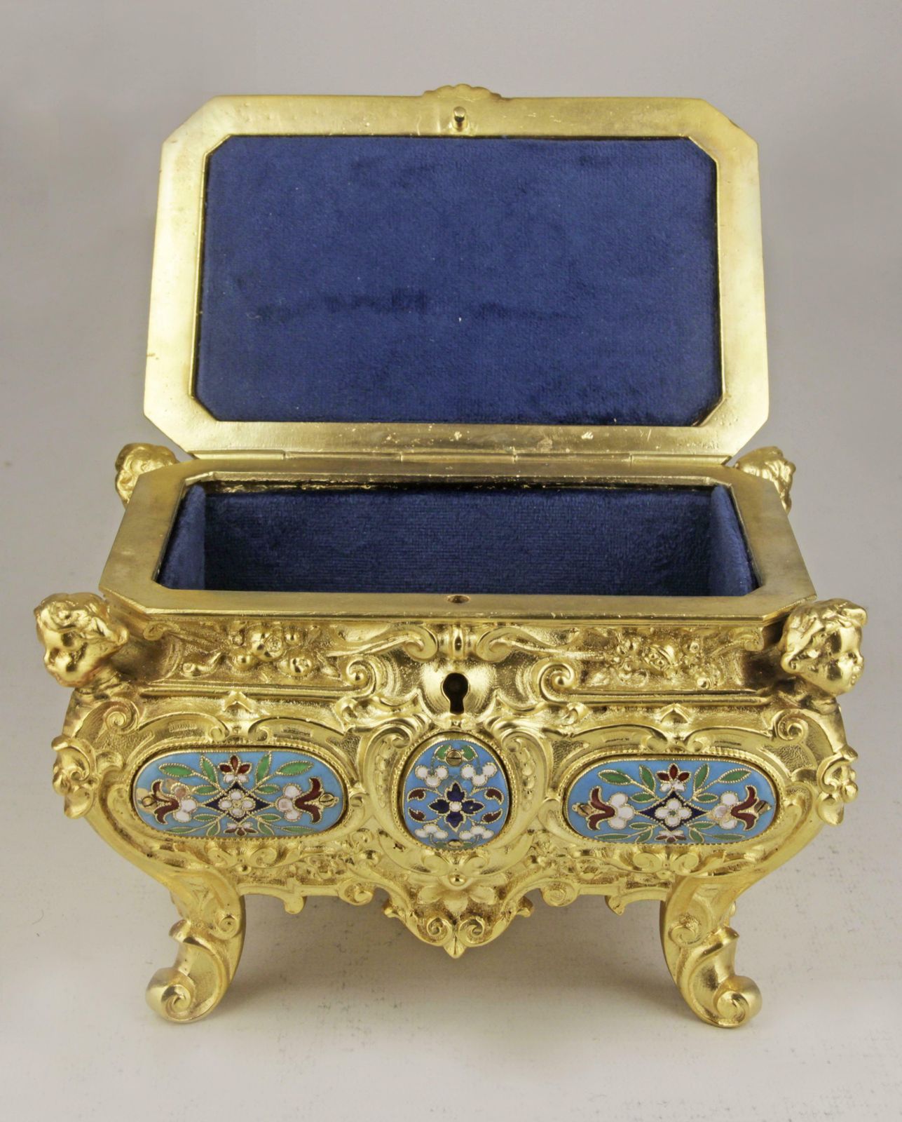 19th Century French Empire Cloisonne Bronze Jewelry Casket With Blue Velvet Interior photo for sale