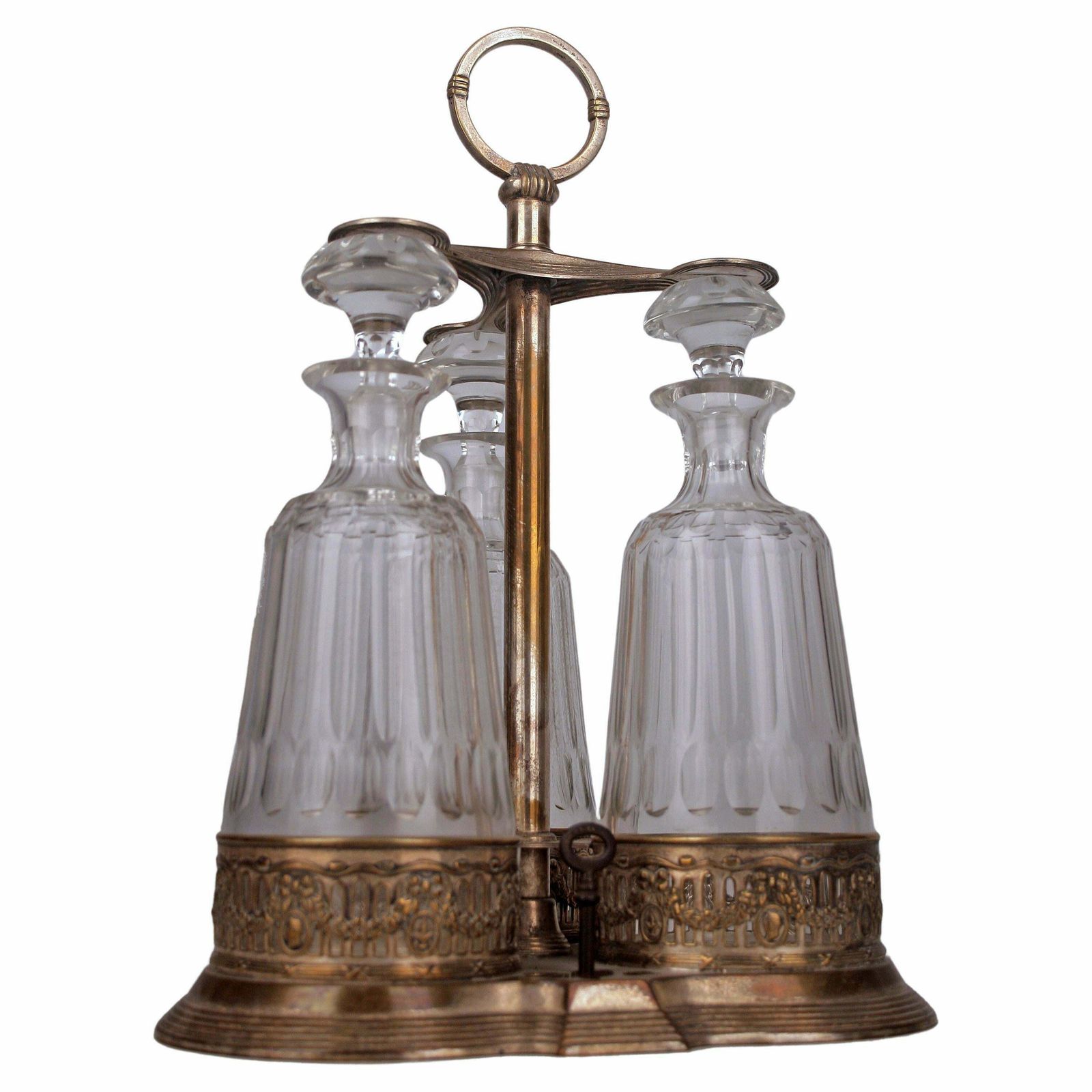 Jugendstil/Art Nouveau Set Of Silver Tantalus And Three Glass Decanters With Stoppers By German Company Württembergische Metallwarenfabrik (Wmf)