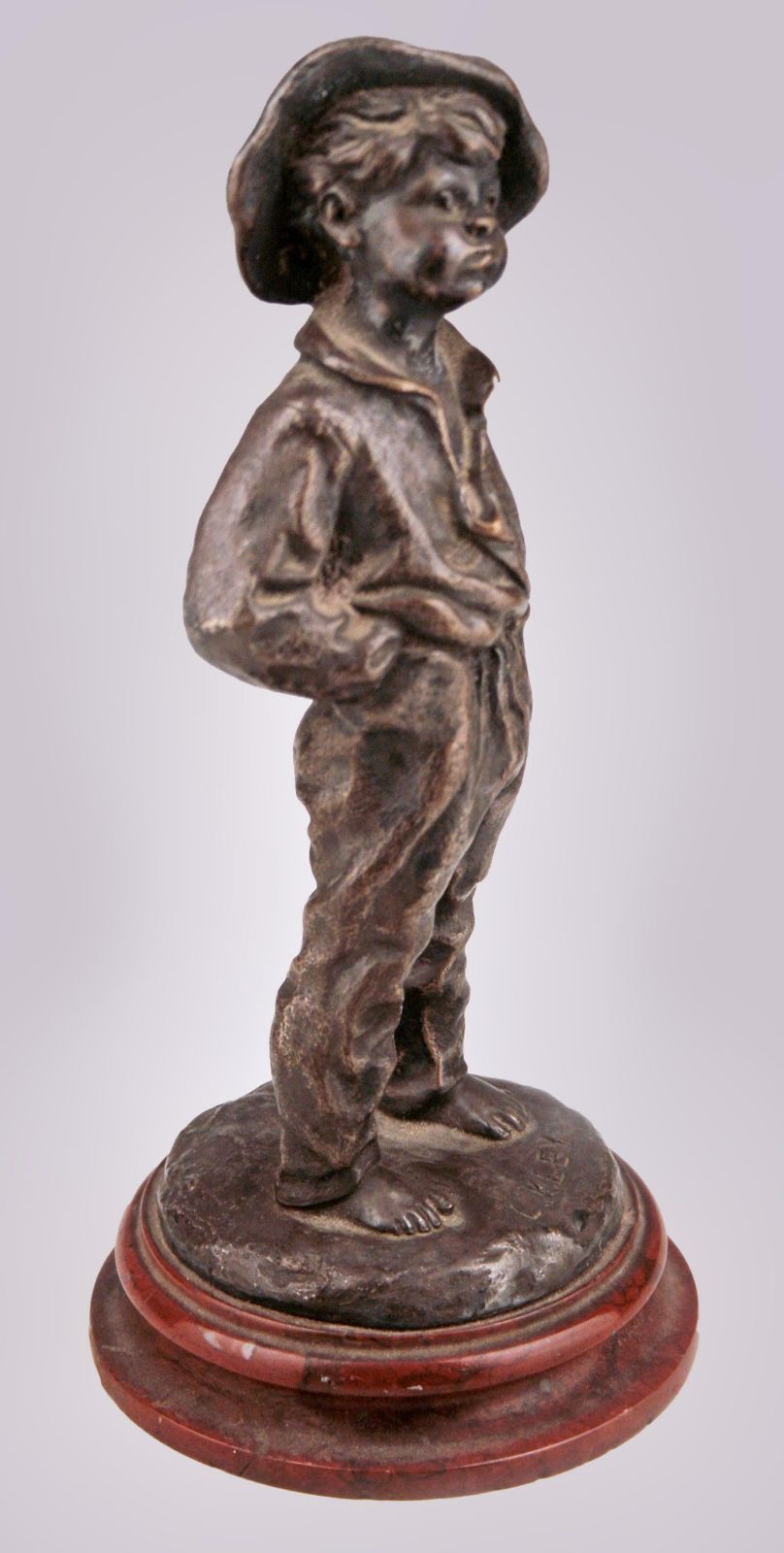 Belle époque French Bronze Sculpture Of A Boy With Overall And A Hat By Louis Kley photo for sale