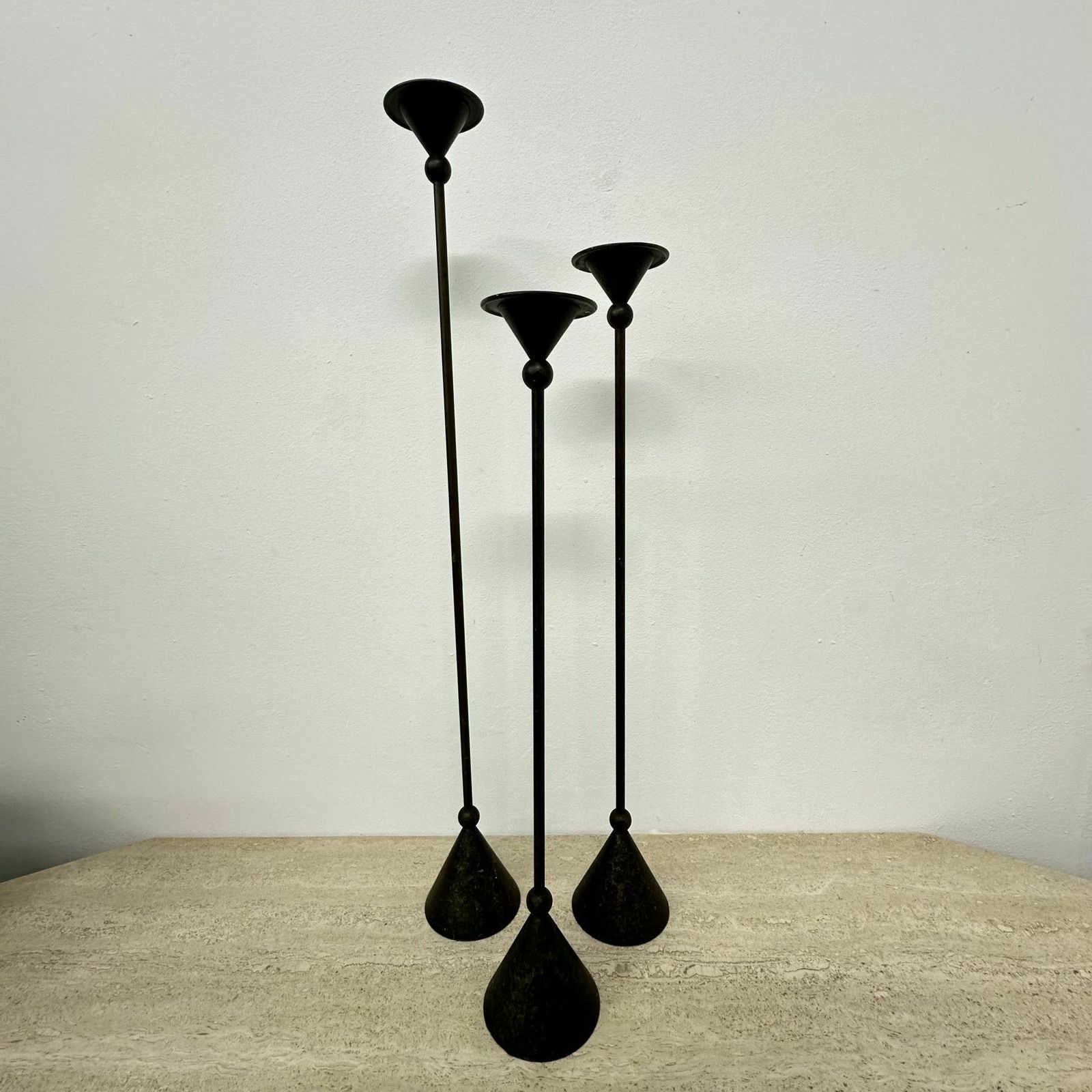 Set Of 3 Bronze Memphis Style Candle Holders , 1980s