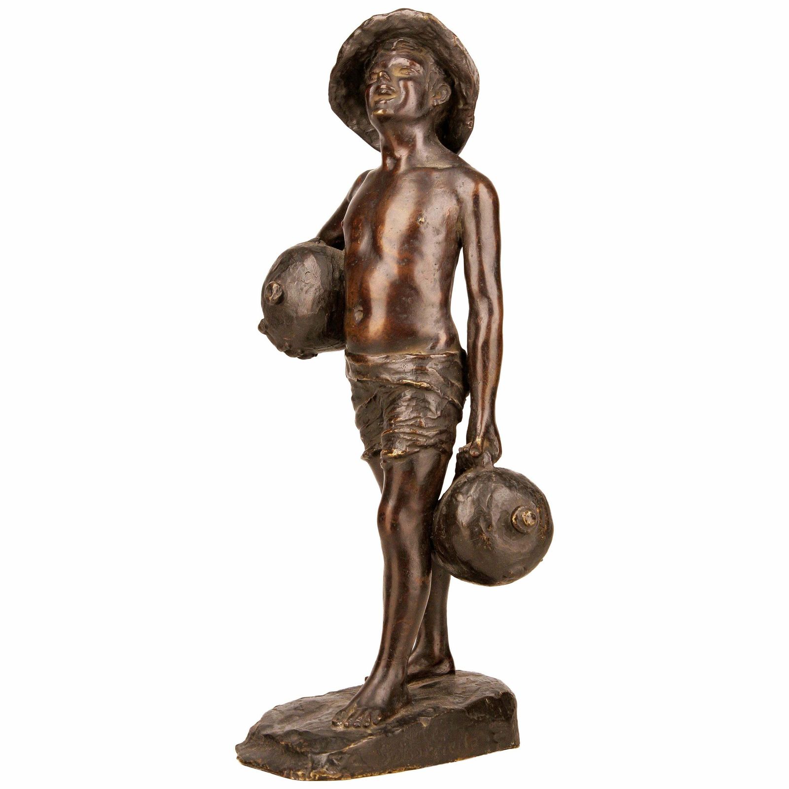 Patinated Bronze Sculpture Of Boy Holding Jugs Signed By Italian G. Borriello