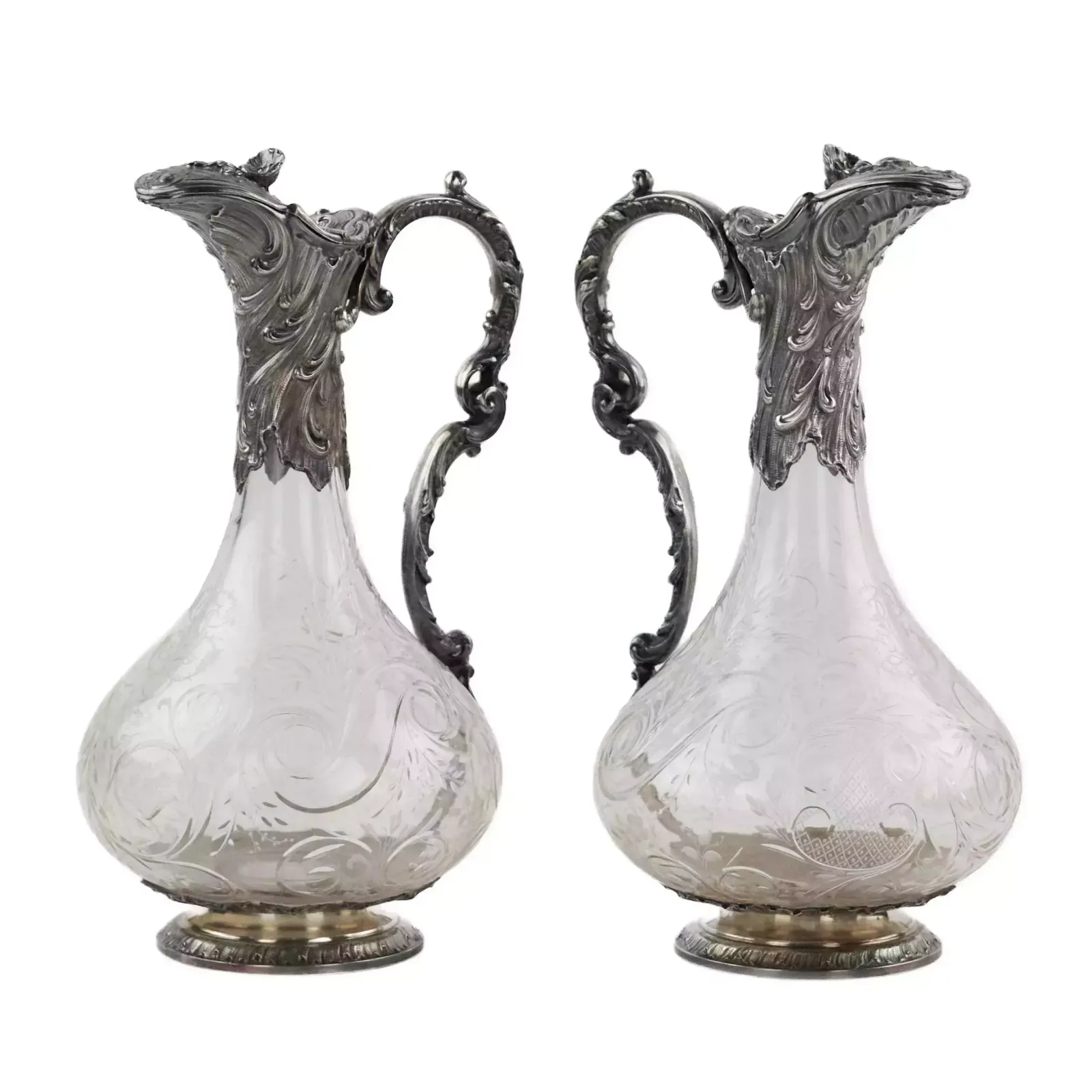 Pair Of Wine Glass Jugs In Silver, Louis XV Style, Turn Of The 19th 20th Centuries. photo for sale