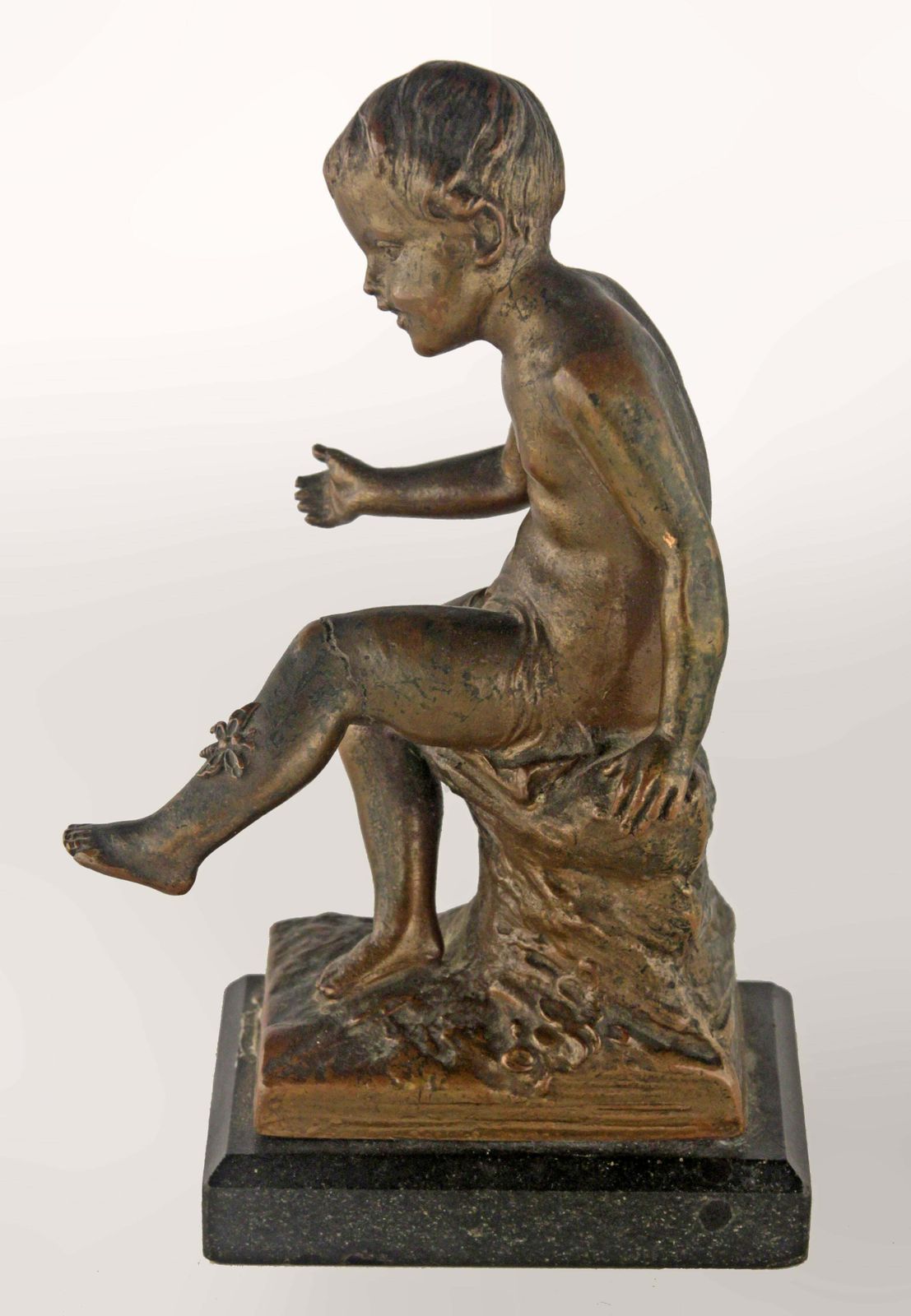 Early 20th Century French Bronze Sculpture With Marble Base Of A Sitting Boy photo for sale