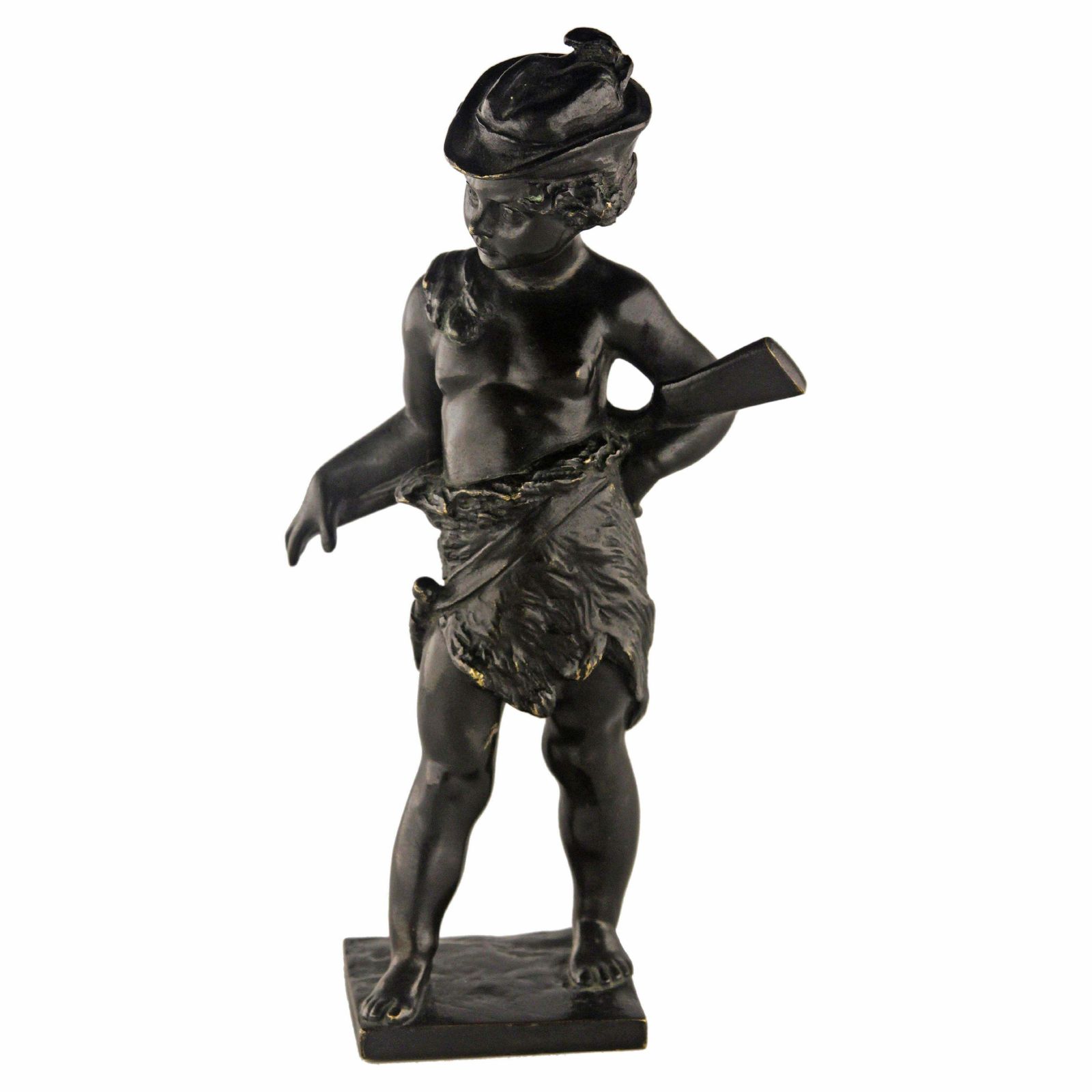Late 19th Century Romantic French Black Patina Bronze Sculpture Of A Hunter Boy With Riffle