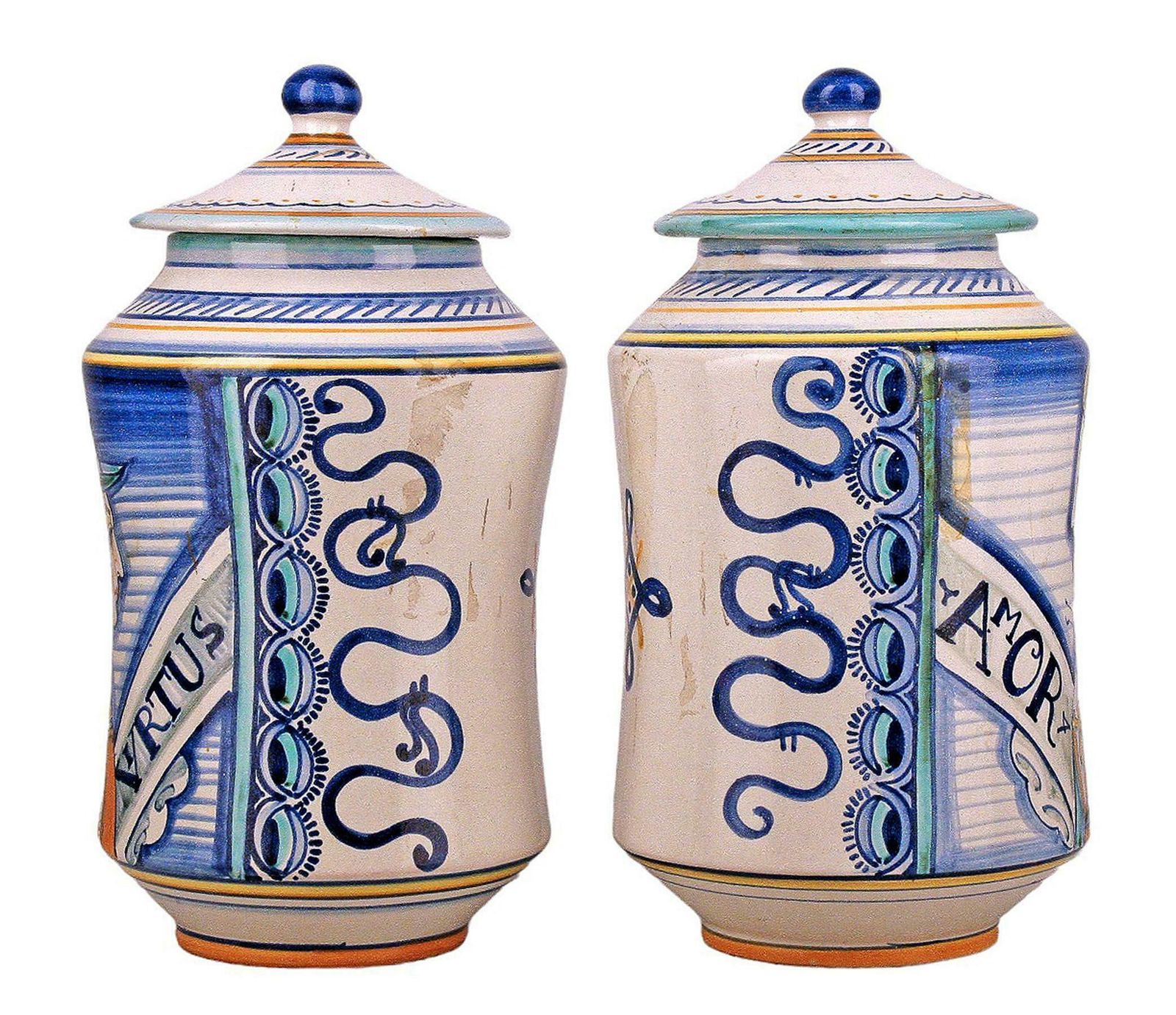Pair Of Mid 20th Century Renaissance Revival Hand Painted Ceramic Jars With Lids By Fratelli Mari From Deruta, Italy photo furniture