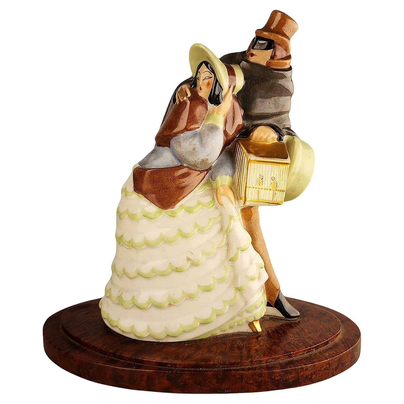 Early 20th Century Art Déco Perfume Lamp Of Dressed Up Lady And Masked Man With Cloak By Argilor From Paris, France
