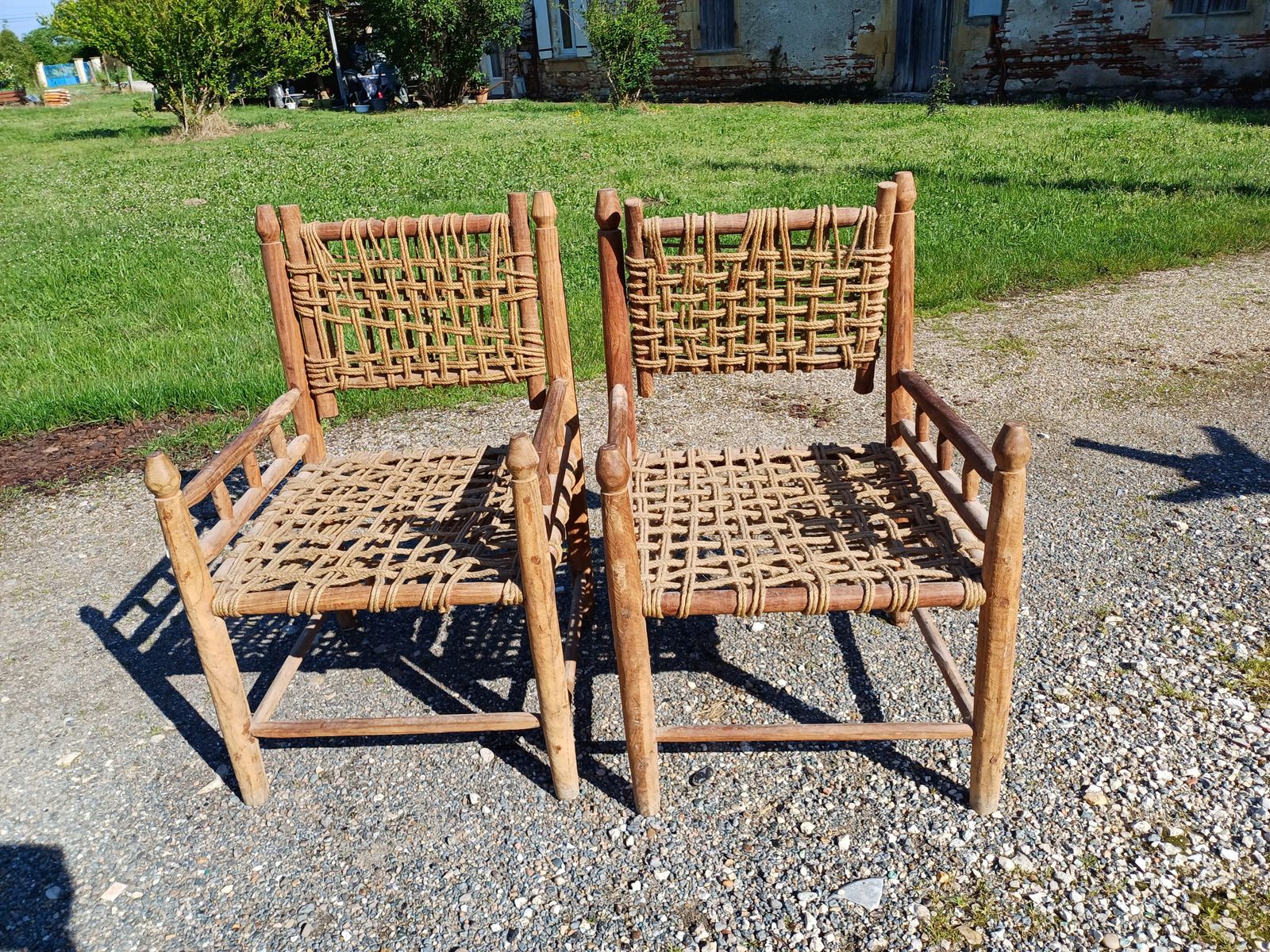 Pair Of Audoux Minet Style Wood And Rope Armchairs