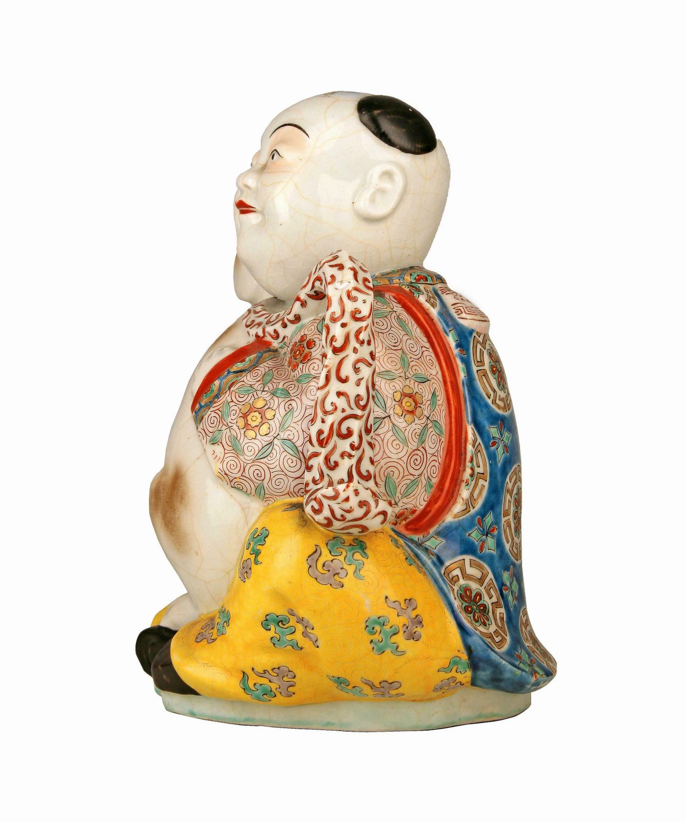 19th Century/Qing Dinasty Hand Painted Glazed Porcelain Sitting Man With Scarf And Dog Figurine photo for sale