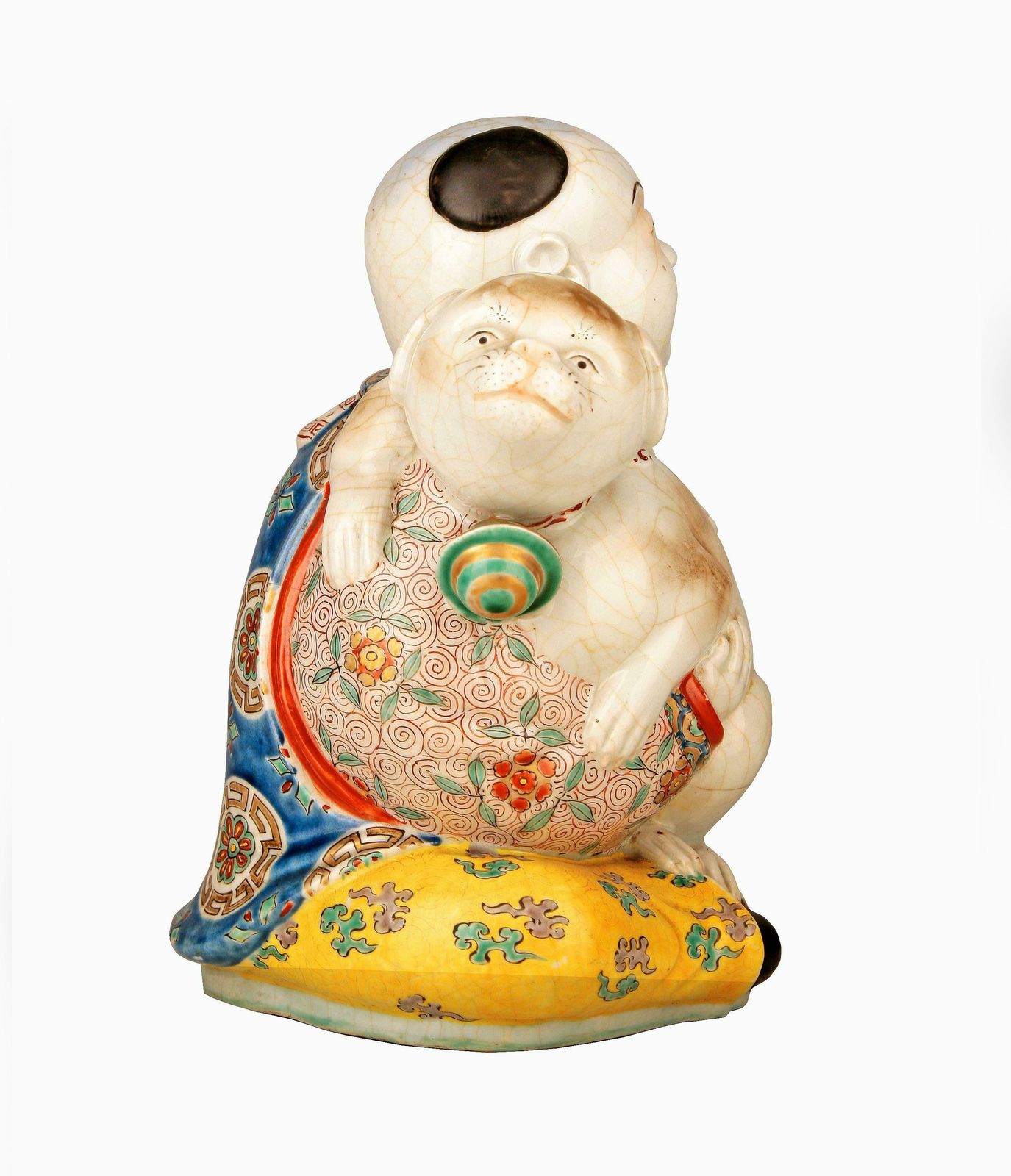 19th Century/Qing Dinasty Hand Painted Glazed Porcelain Sitting Man With Scarf And Dog Figurine photo 2000.0