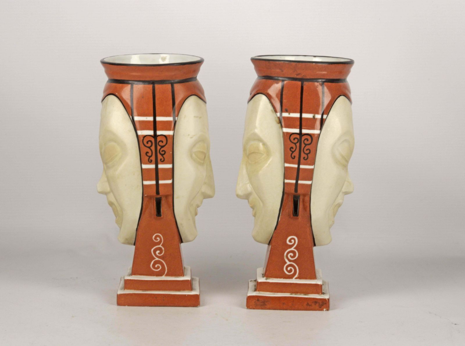 Pair Of French Vases Made Of Hand Painted Unglazed Porcelain Representing Two Faces/Masks Signed By Aladin photo for sale