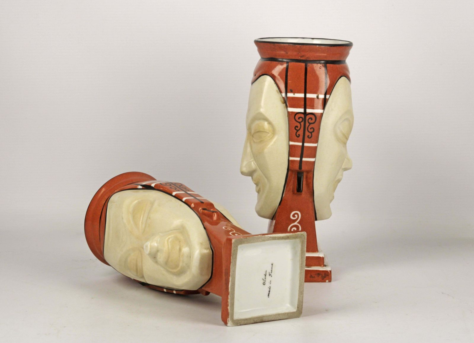 Pair Of French Vases Made Of Hand Painted Unglazed Porcelain Representing Two Faces/Masks Signed By Aladin photo buy
