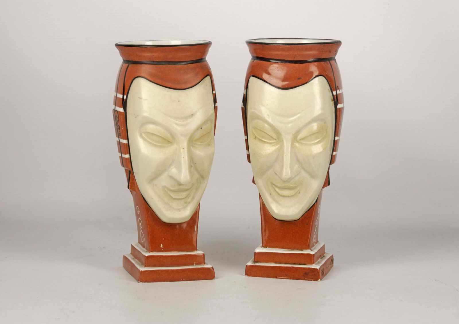 Pair Of French Vases Made Of Hand Painted Unglazed Porcelain Representing Two Faces/Masks Signed By Aladin photo vintage