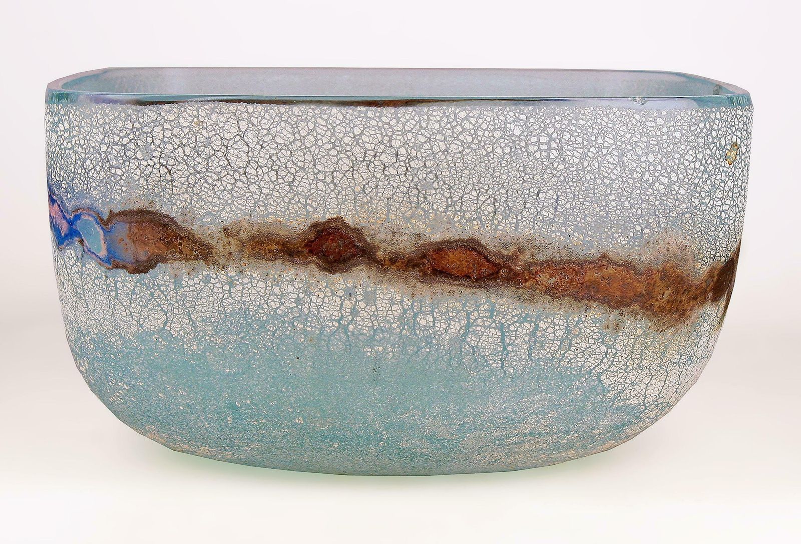 Mid 20th Century Modern Italian Frosted Murano Glass Decorative Scavo Bowl By Alfredo Barbini photo for sale