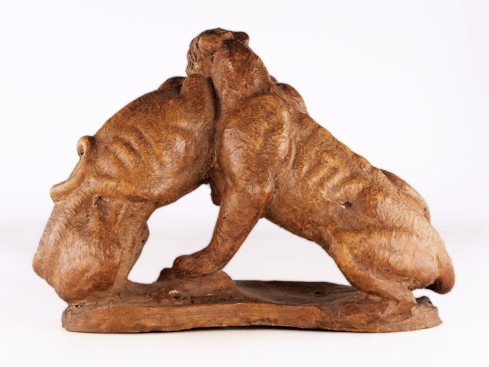 Early 20th Century French Art Déco Terracota Sculpture Of A Couple Of Felines/Panthers Fighting photo 2200.0