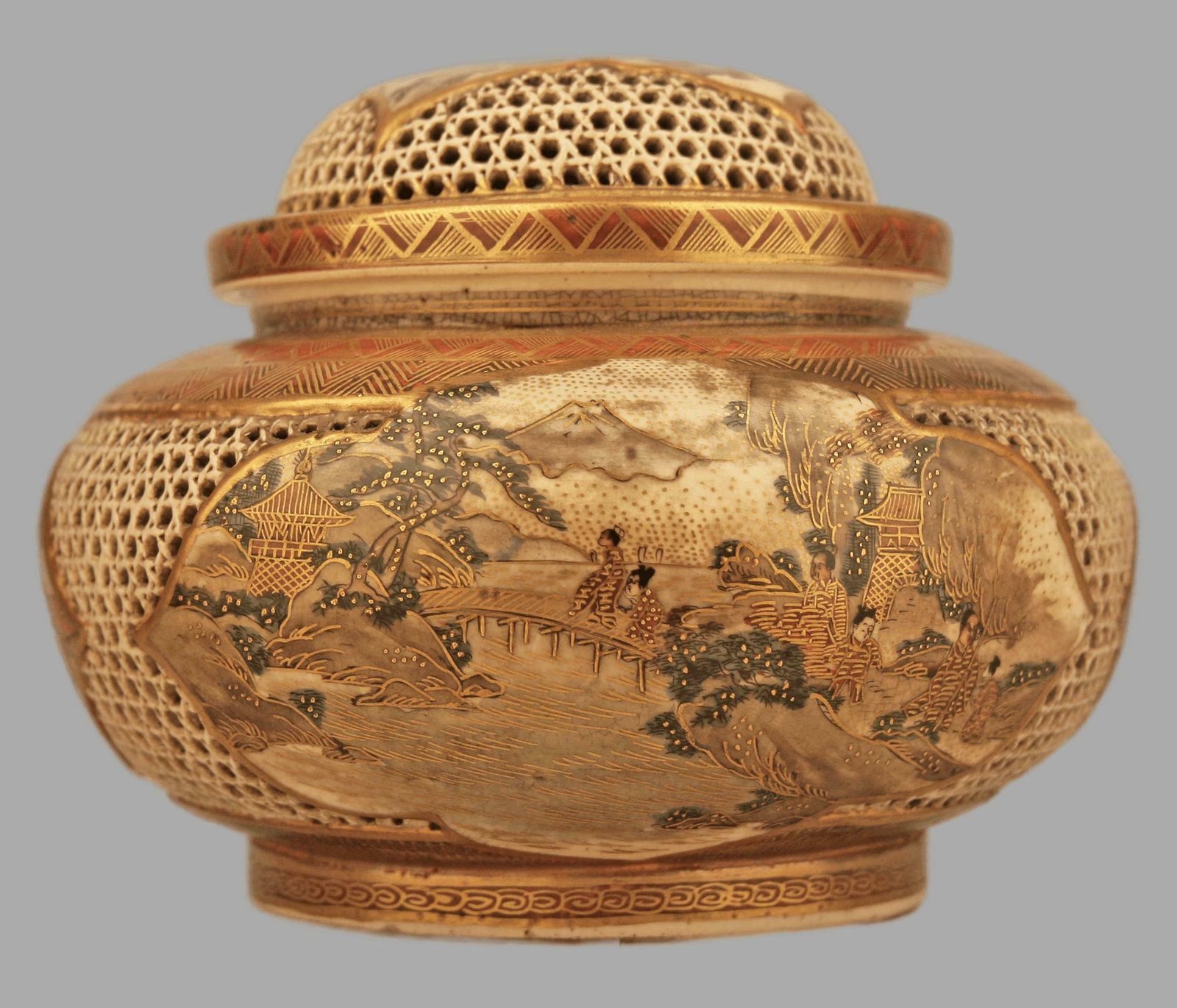 photo buy Japanese 19th Century Edo Meiji Period Satsuma Stoneware Incense Burner (Koro) With Small Wooden Support Table