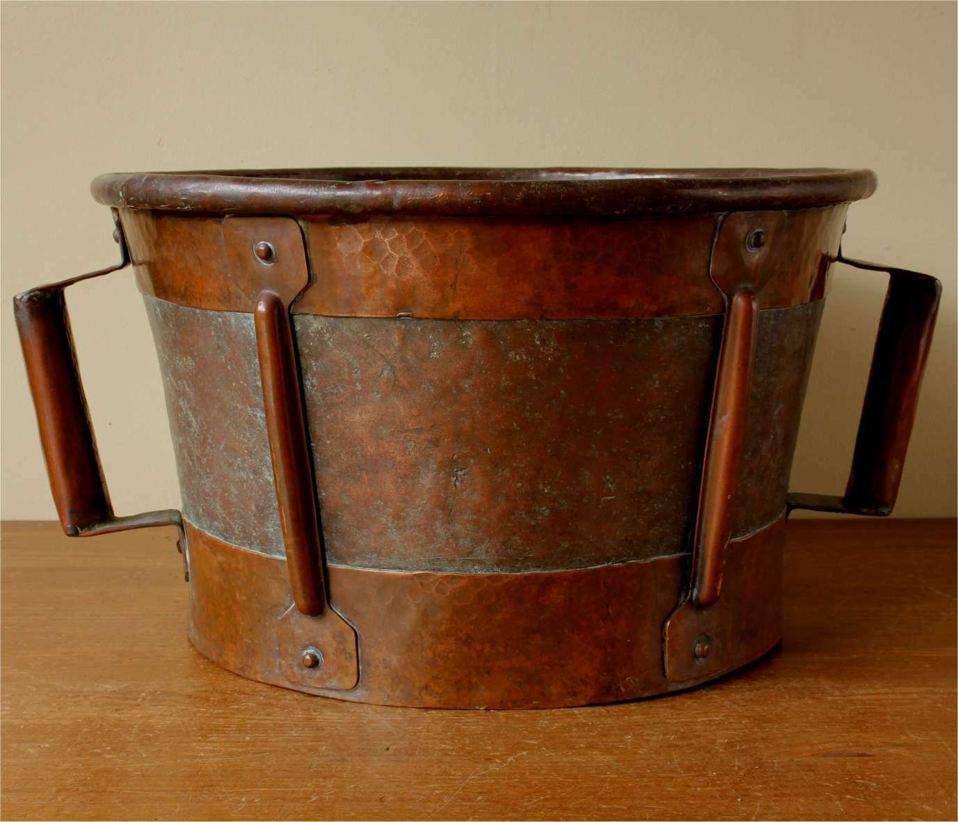 French Copper Ferrat Grain Measure. 19th Century Metal Planter. Log Bin.