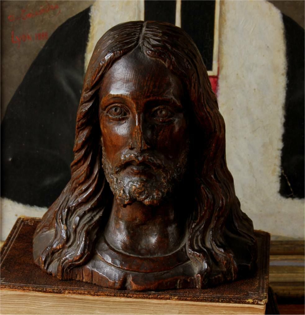 Carved Wood Jesus Christ Statue Head. 19th Century Religious Carving.
