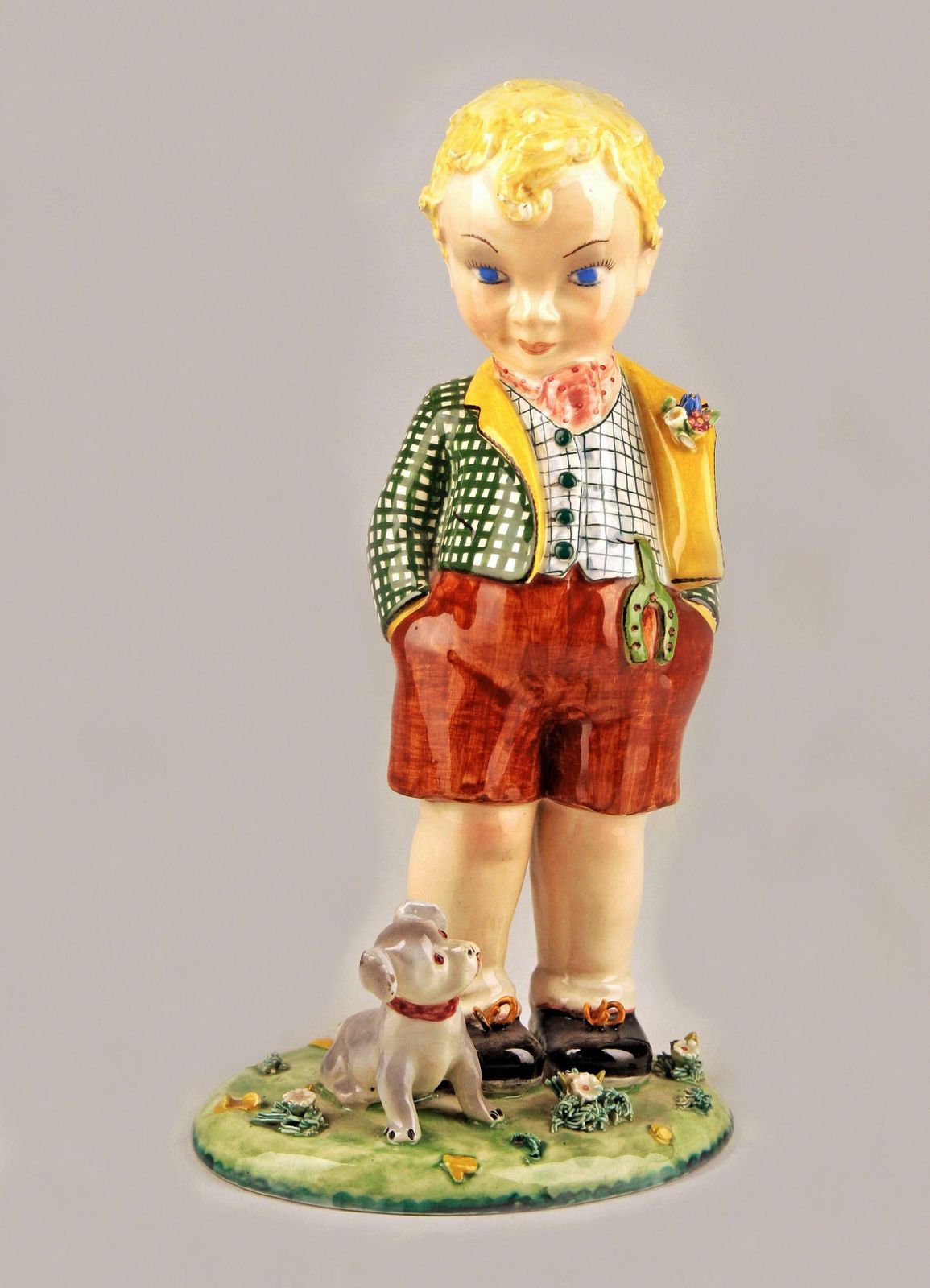 Circa 1920 Art Nouveau Glazed Italian Torino Like Porcelain Figurine Of A Boy And His Dog photo 1050.0