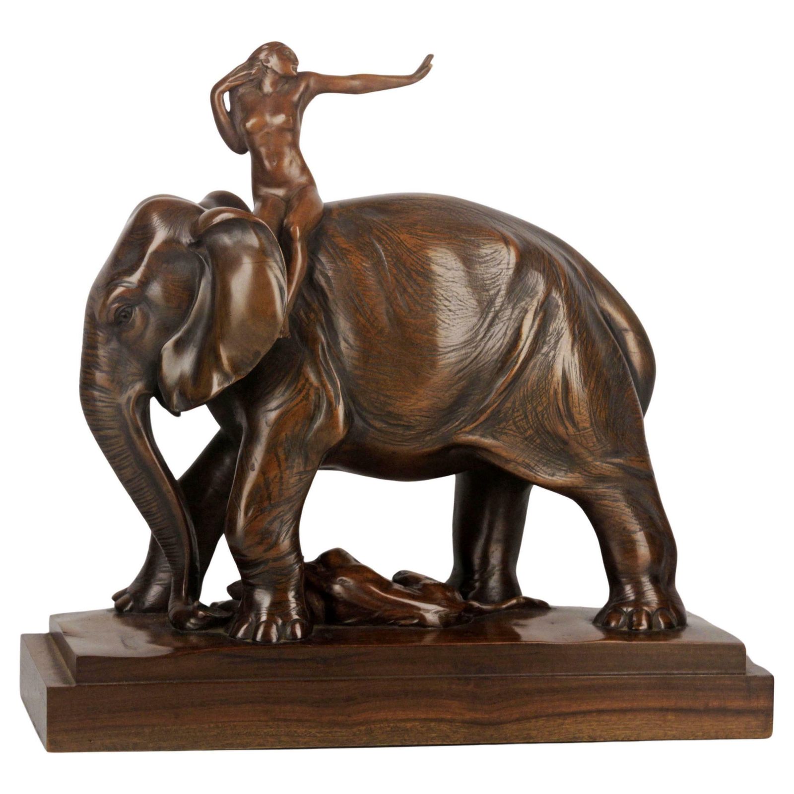Early 20th Century African Elephant, Tiger And Woman Rider Varnished Wood Sculpture Signed By J. Zanetti