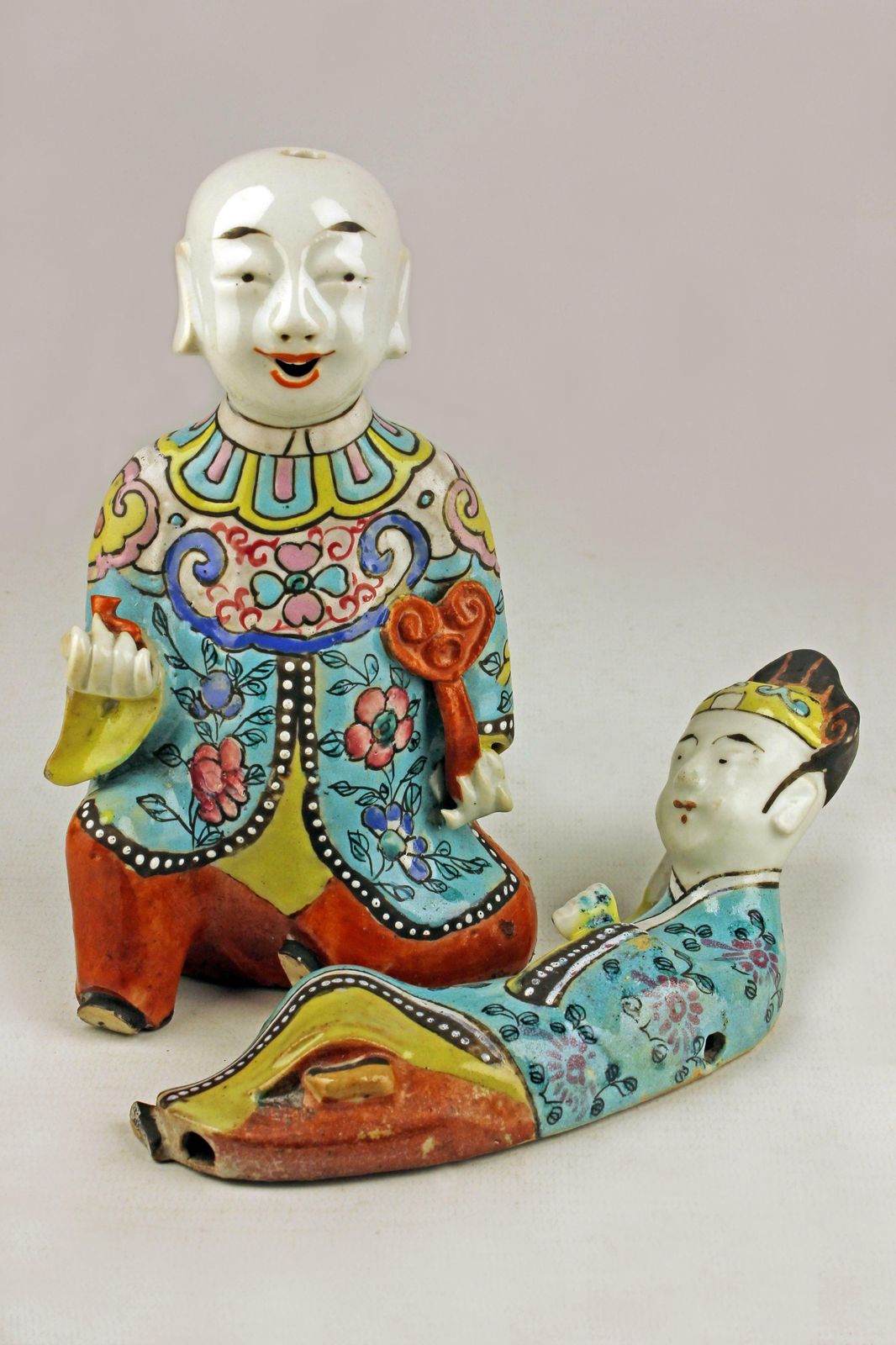 Pair Of Mid 19th Century/Qing Dinasty Enameled Chinese Porcelain Figurines Depicting A Laughing Boy Kneeling And Another Lying Down photo furniture