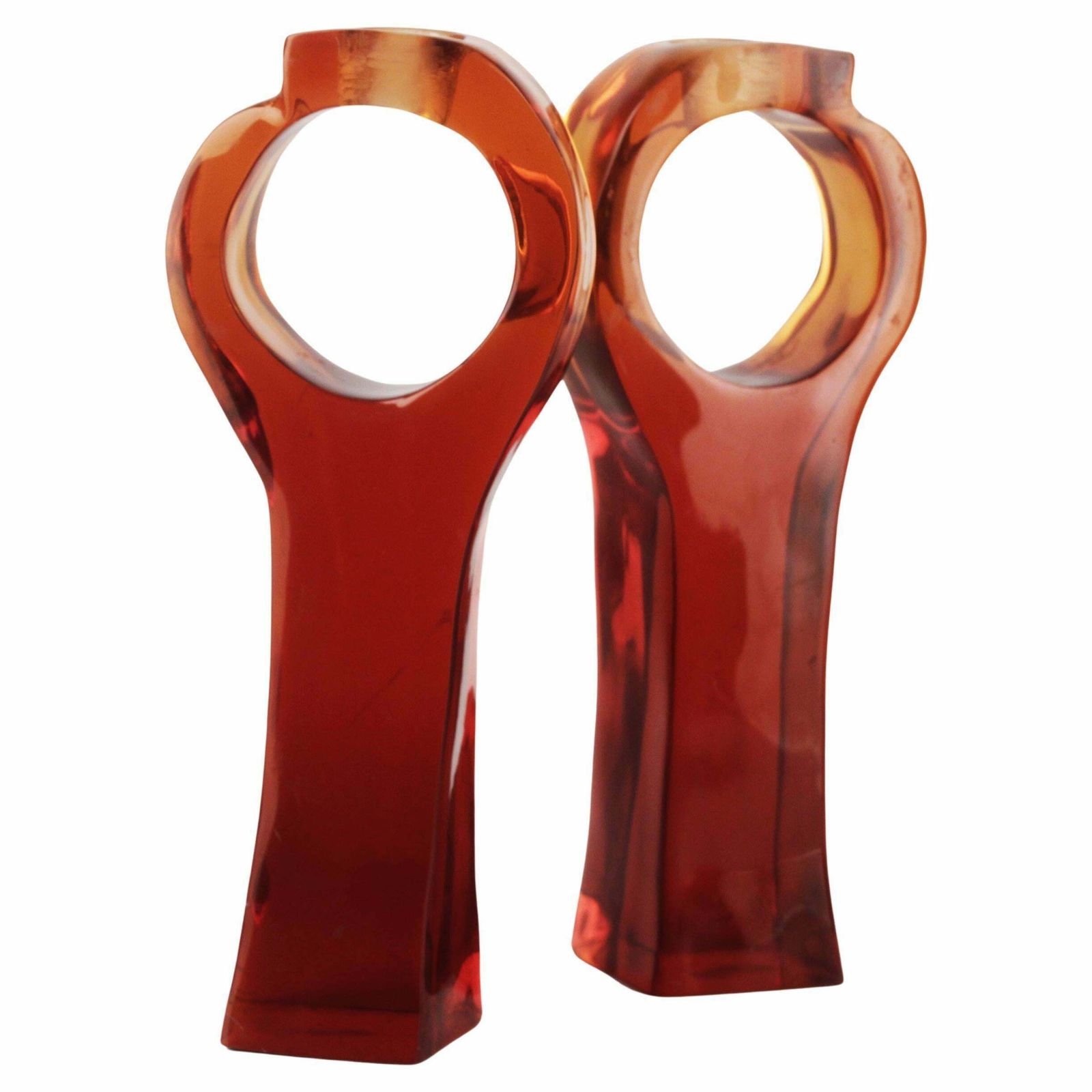 Pair Of Italian Mid Century Modern Red Acrylic/Lucite Geometric Candle Holders