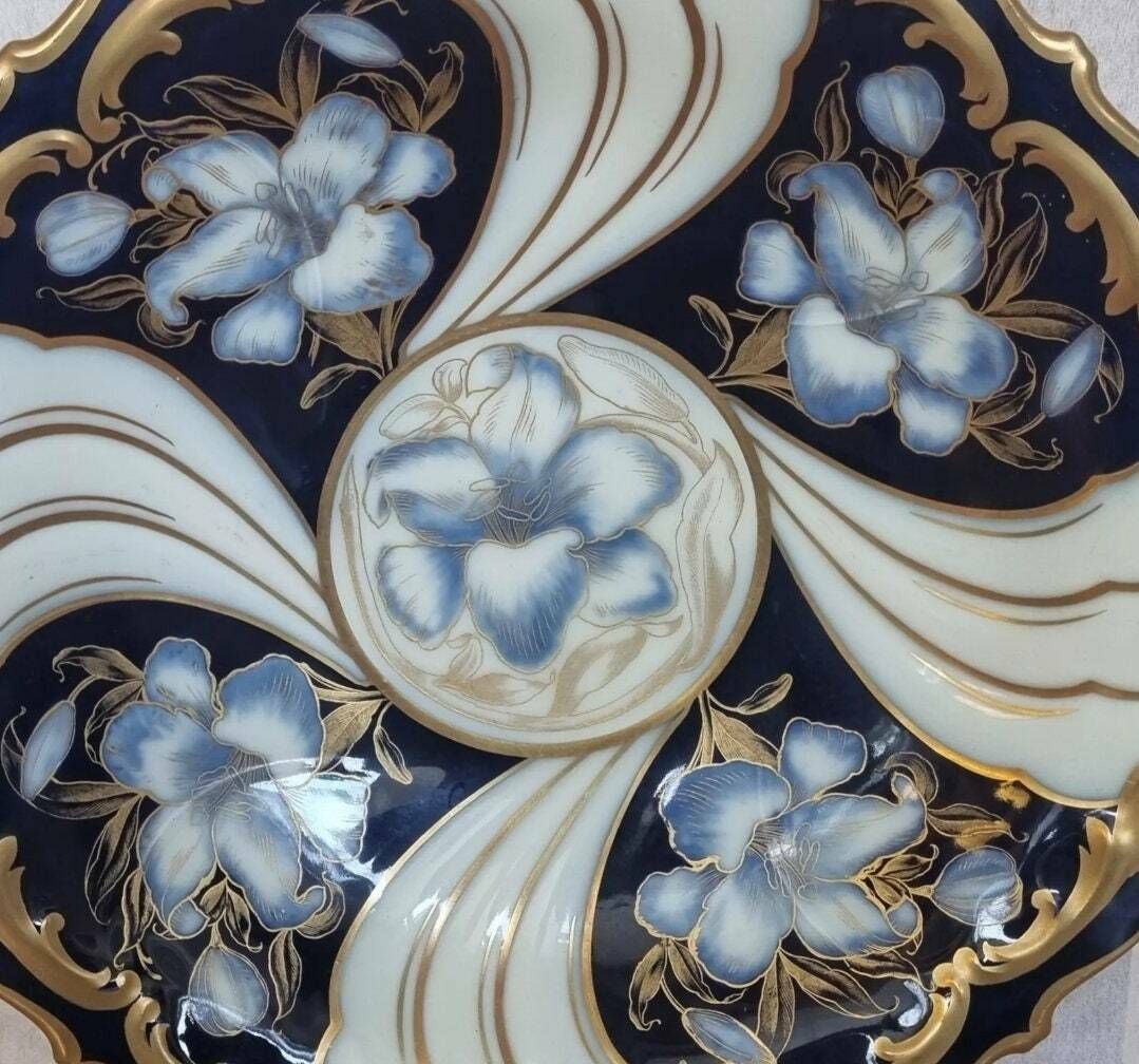 Hutschenreuther Porcelain Bowl | Cobalt Blue Gold Gilt Design | Large Floral Pedestal Dish | Hohenberg Bavaria Art Piece photo furniture