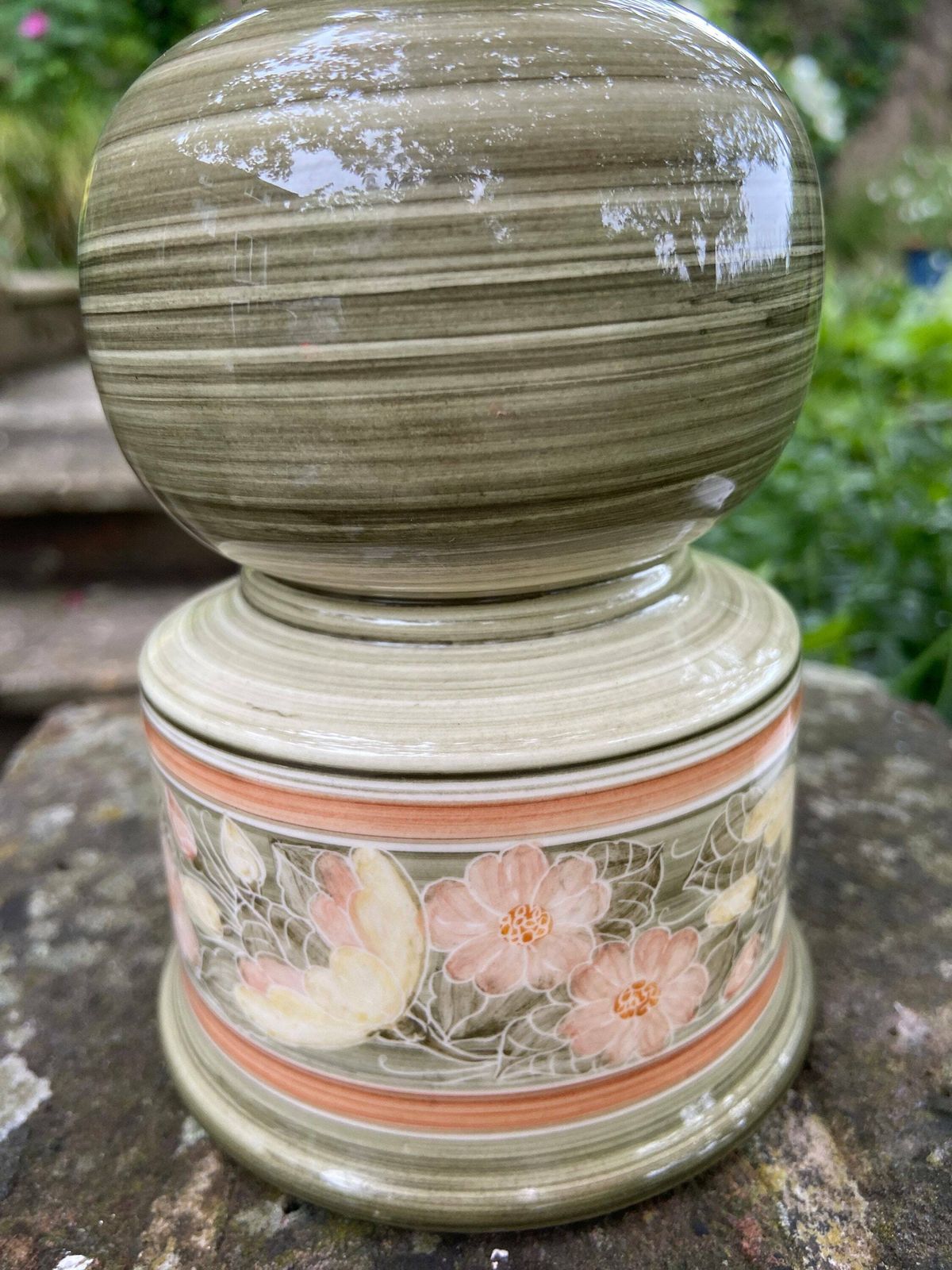Vintage Jersey Pottery Green Table Lamp   Working Vintage Table Lamp, Green Ceramic With Hand Painted Flowers photo for sale