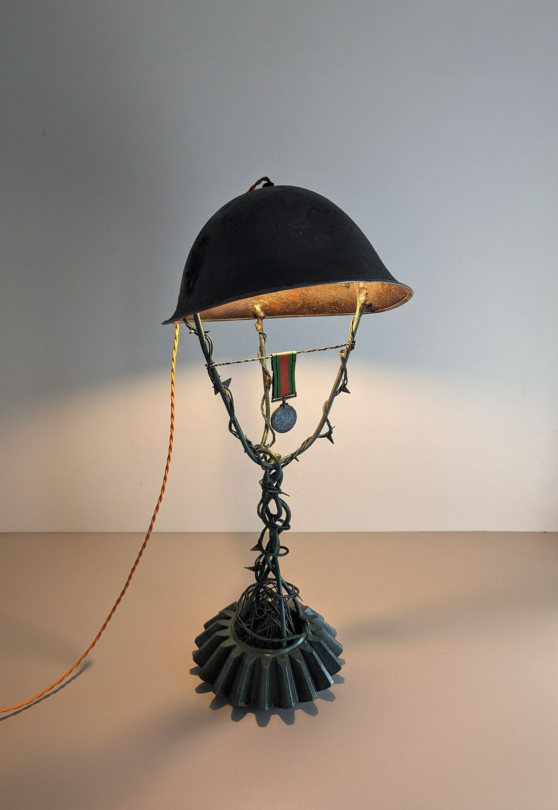 Bespoke War Relic Table Lamp Made Of Original British Mark III Medic Helmet photo furniture