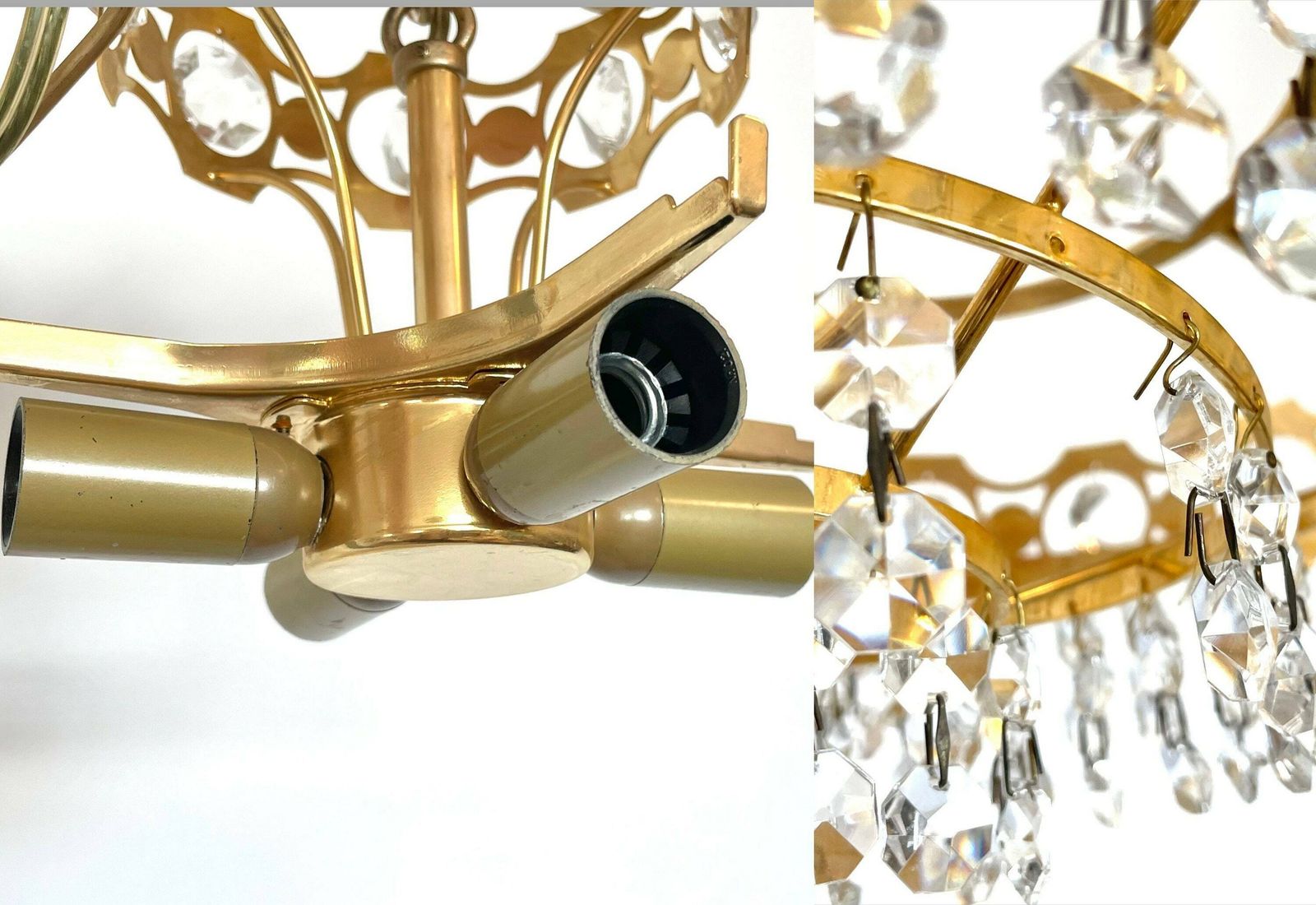 photo for sale Swedish Mid Century 1970s Luxury Chandelier In Gold Metal With Crystal Cut Glass And Beautiful Details