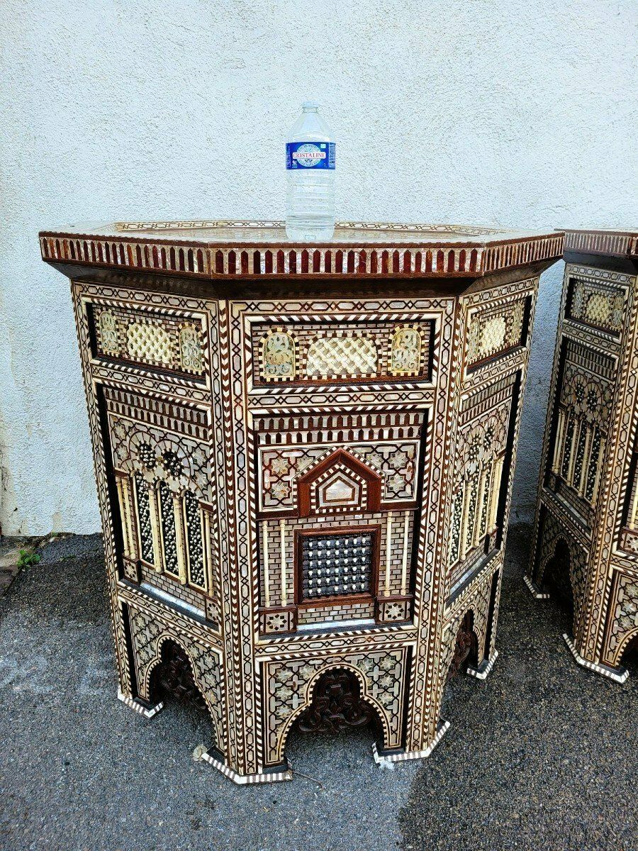 Pair Of Tall And Large Oriental Pedestal Tables In Marquetry, 20th Century photo Furniture