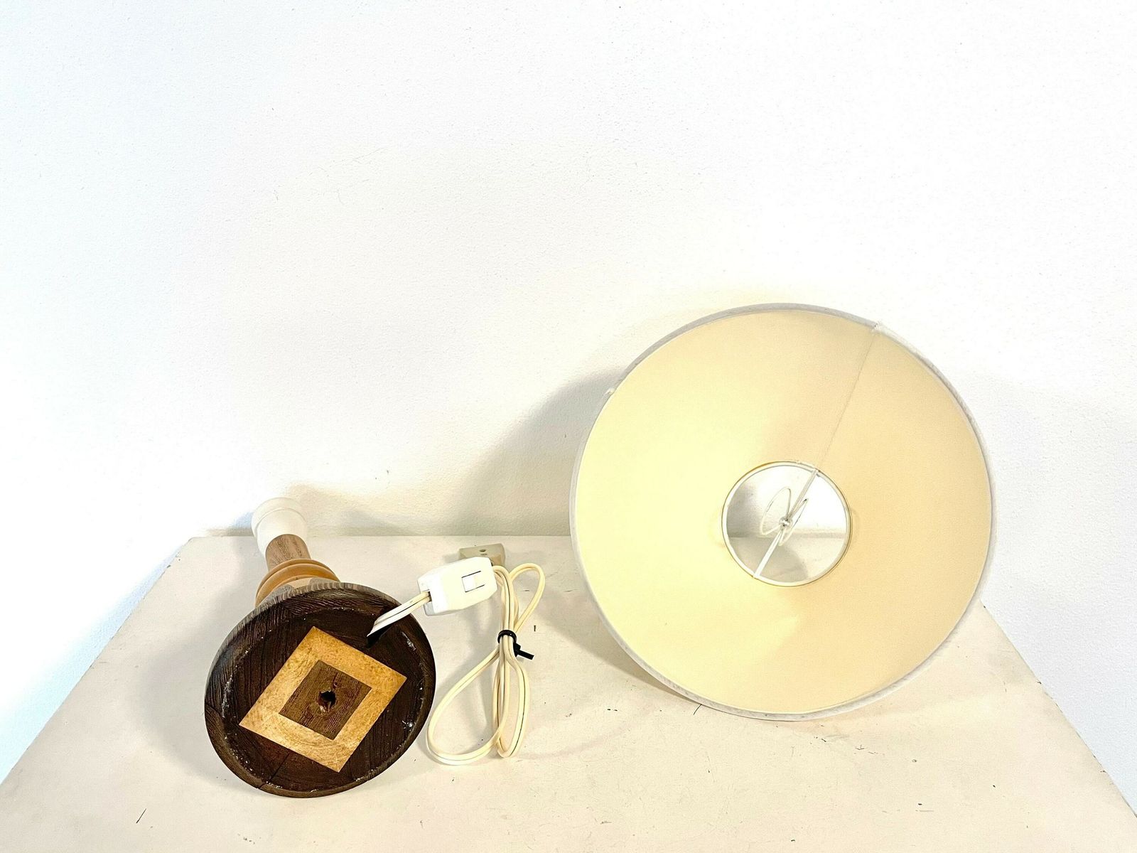 Danish Mid Century Wooden Sculptural Modernist Table Lamp With Organic Shapes And Vintage White Shade photo vintage