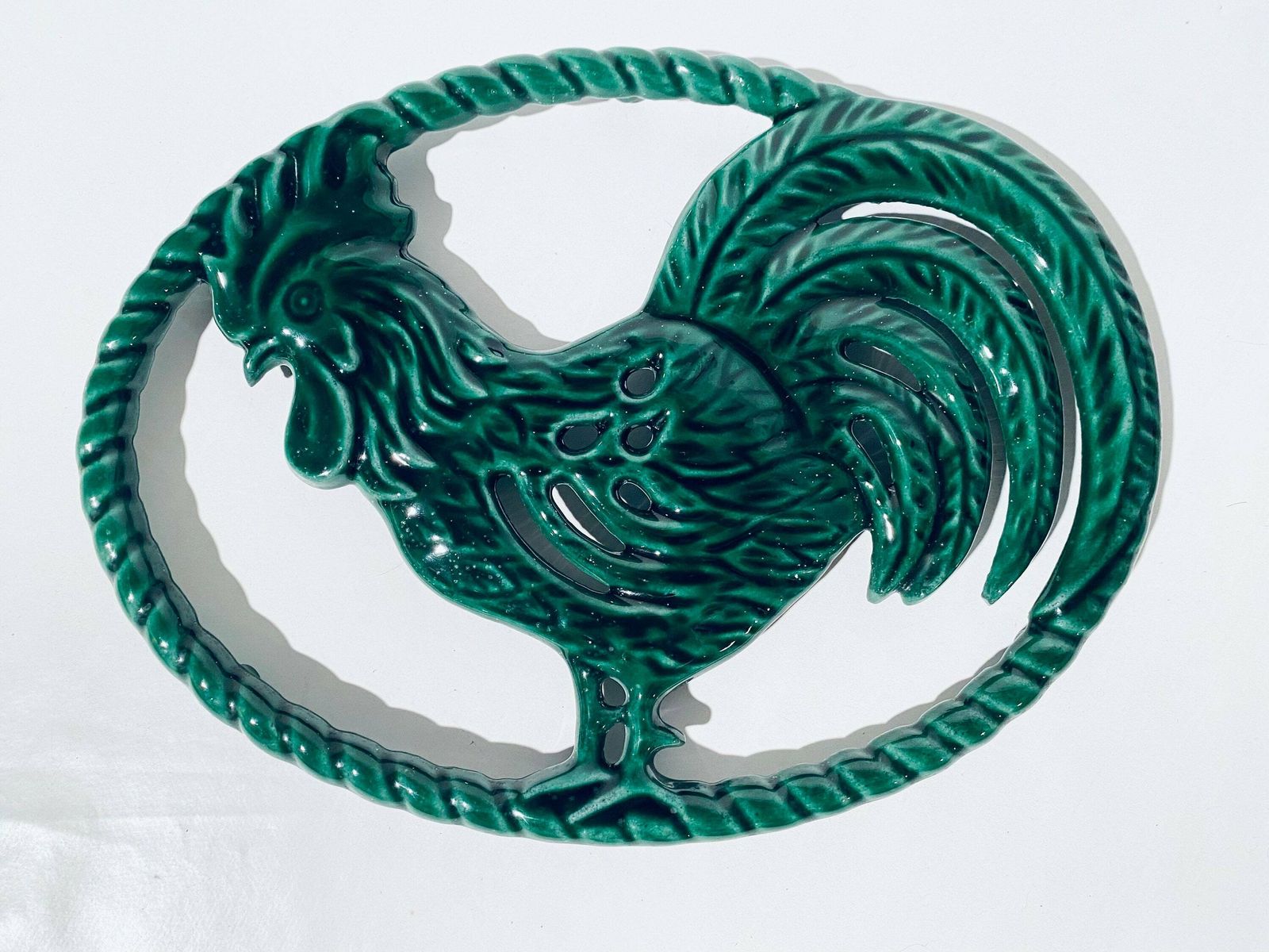 Green Cast Iron Rooster Cock Trivet Pot Holder France / Vintage 1960s Kitchen Table