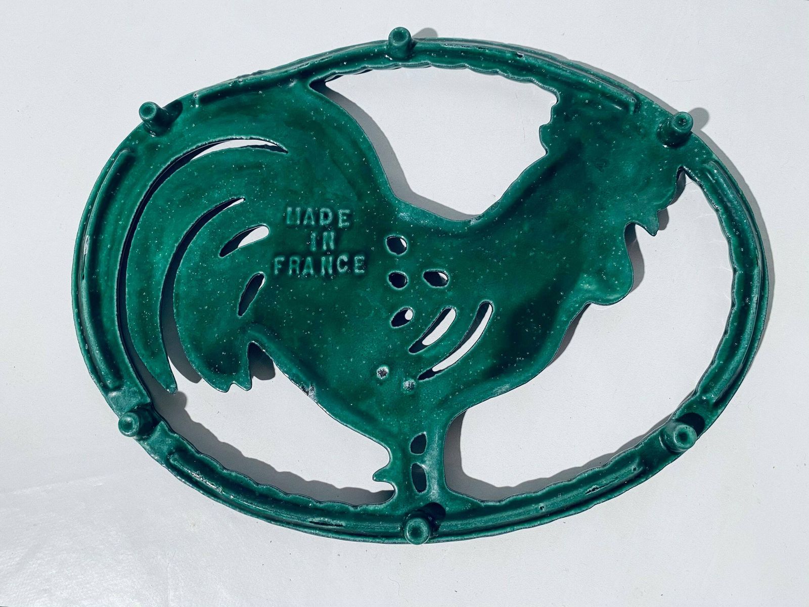 Green Cast Iron Rooster Cock Trivet Pot Holder France / Vintage 1960s Kitchen Table photo vintage