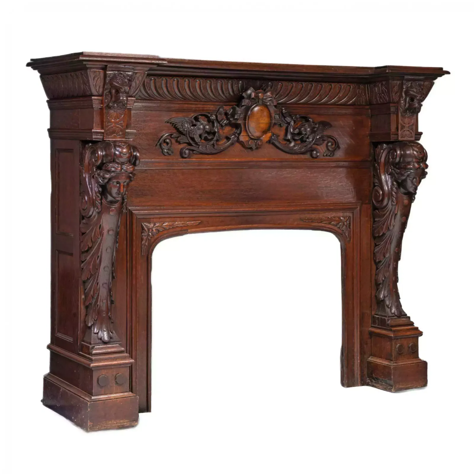 Carved Oak Fireplace In Renaissance Style.