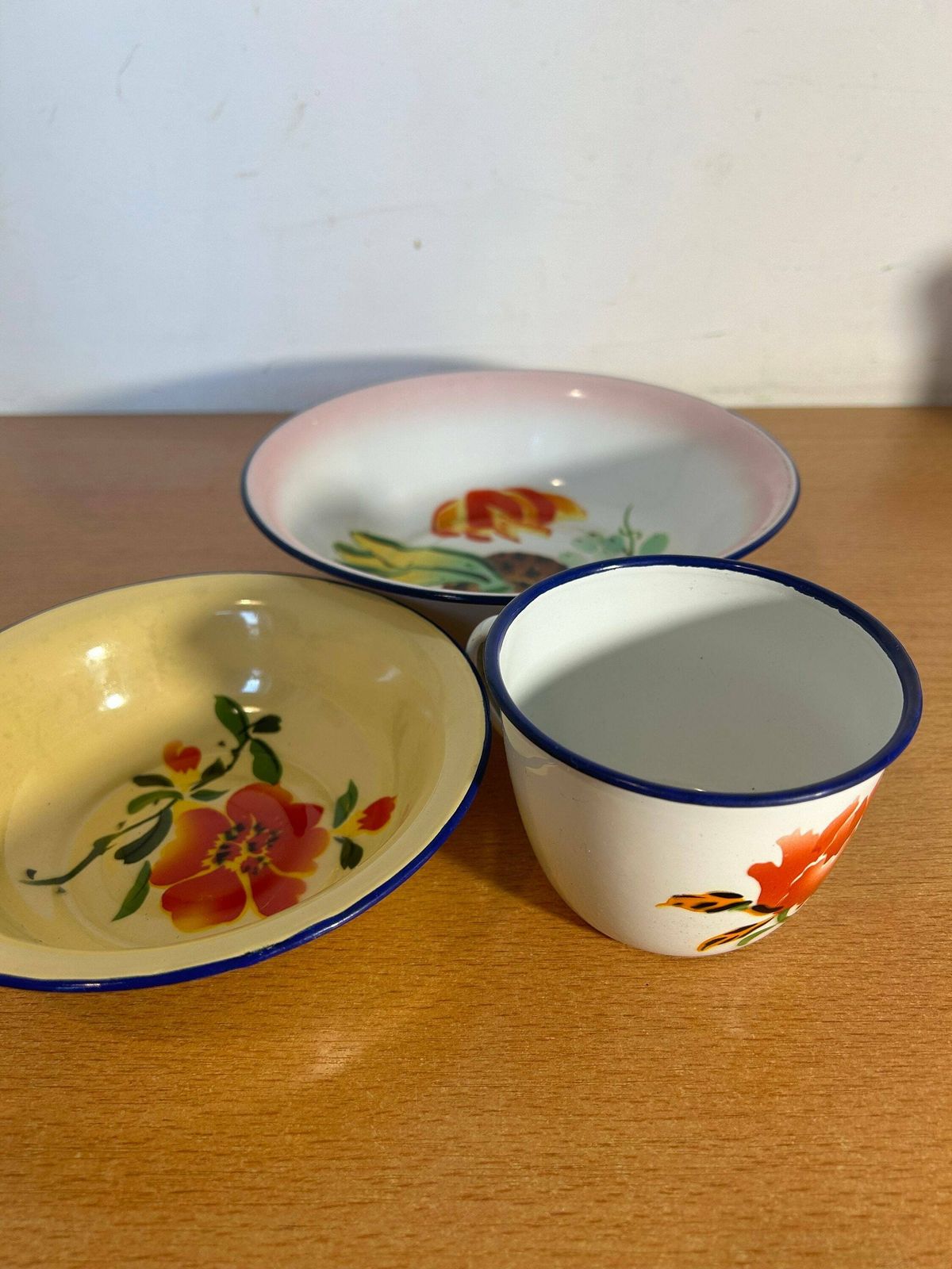 photo for sale 1960s Enamel Bowl, Made In China / 60s Rustic Kitchen Decor / Vintage Enamelware / Set Of 3