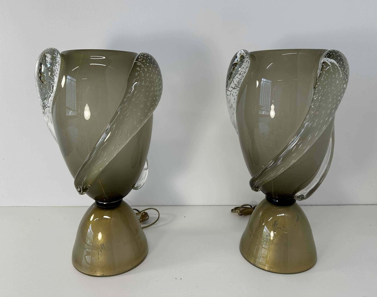 Pair Of Italian Art Deco Style Grey And Gold Leaf Murano Glass Vase Lamps photo for sale