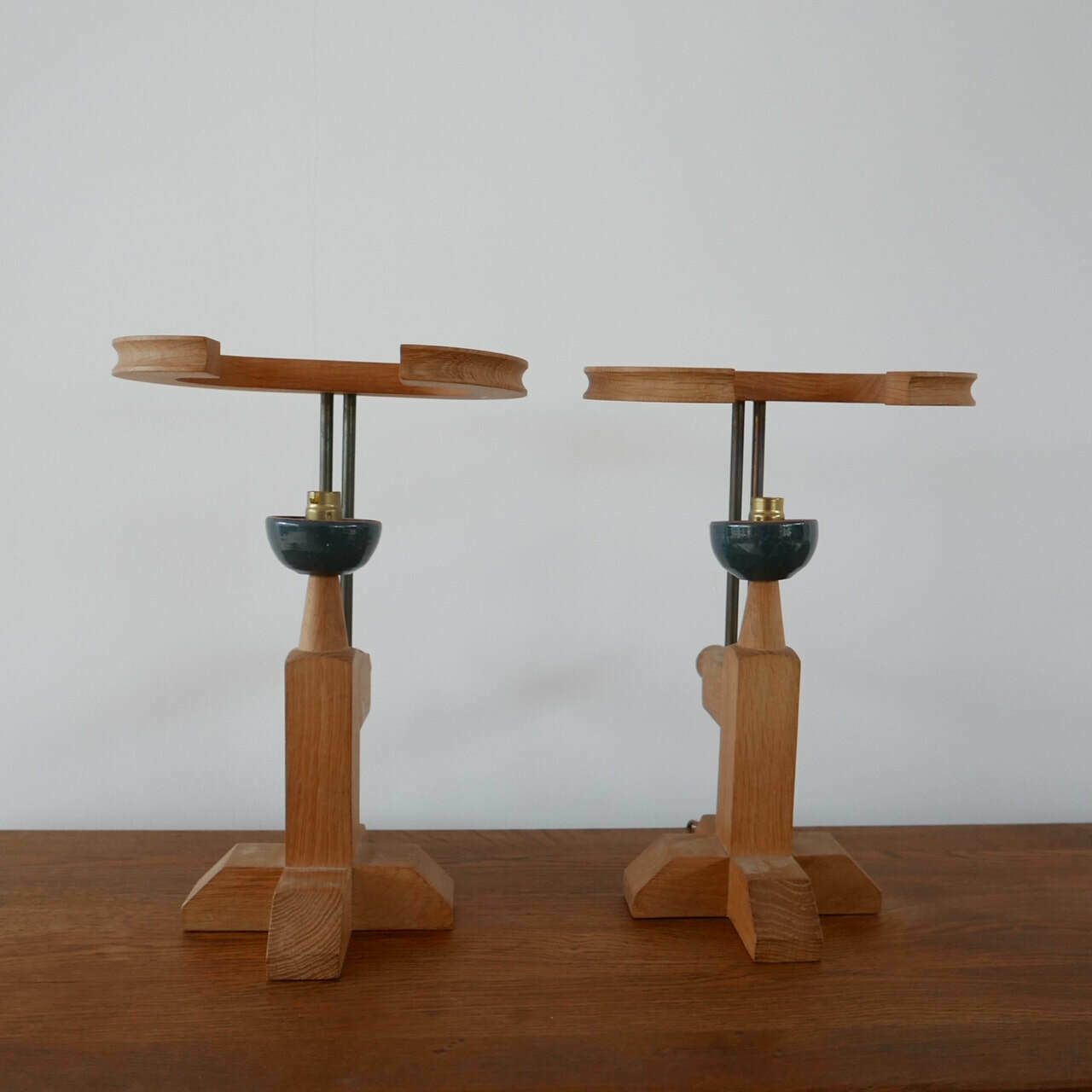 Guillerme Et Chambron Oak And Ceramic Mid Century French Table Lamps photo vintage