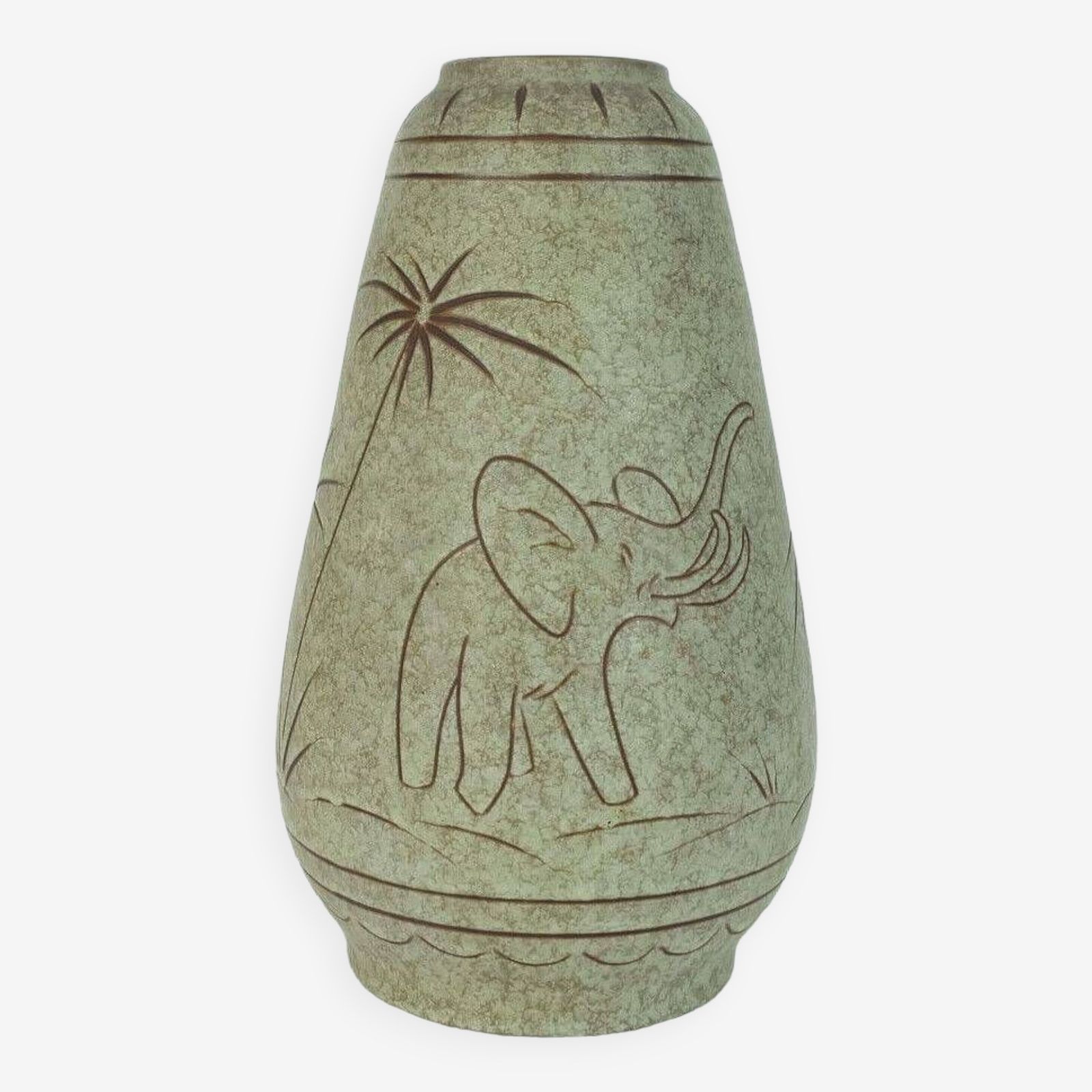 Early 1960s U Keramik Mid Century Ceramic Vase Model No. 137/30 Elephants And Palmtrees Decor