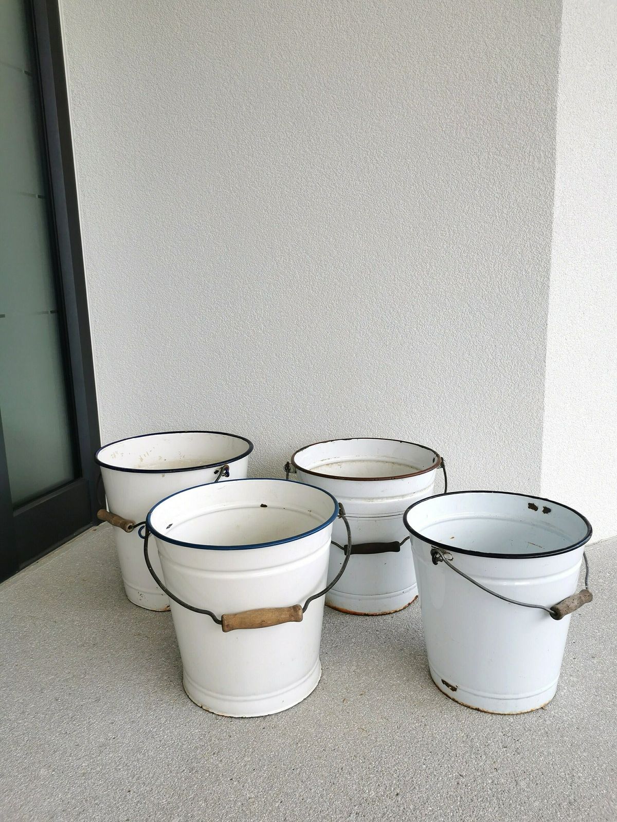 Vintage Large Enamel Buckets By Emo Celje / 1970s Yugoslavia / White Enamelware Planter With Wooden Handle