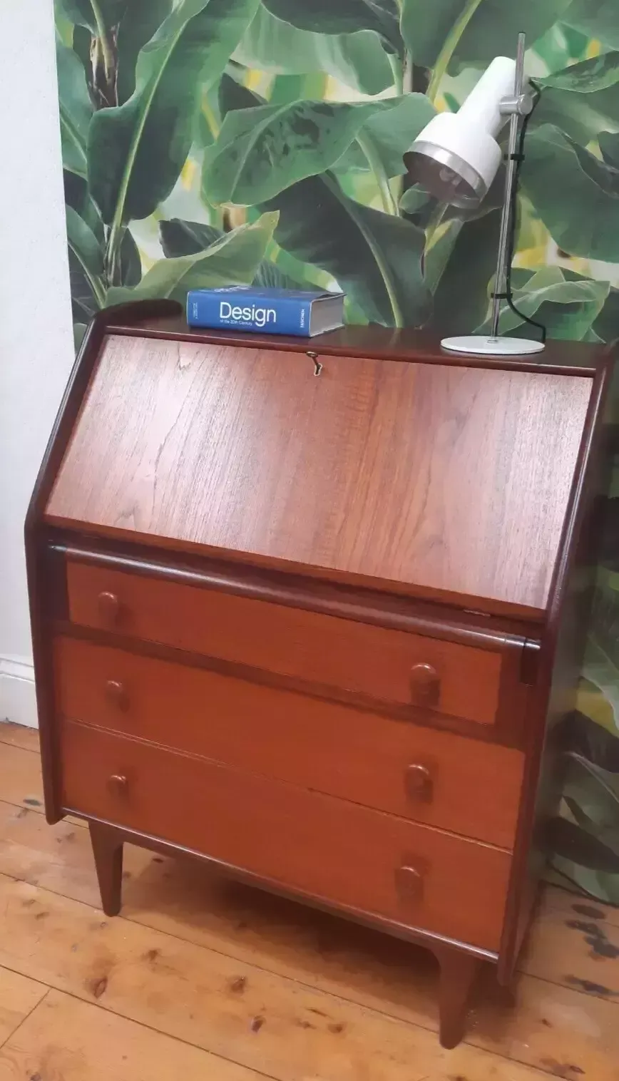 Vintage Mid Century Modern Compact Afromosia Teak Bureau By A. Younger