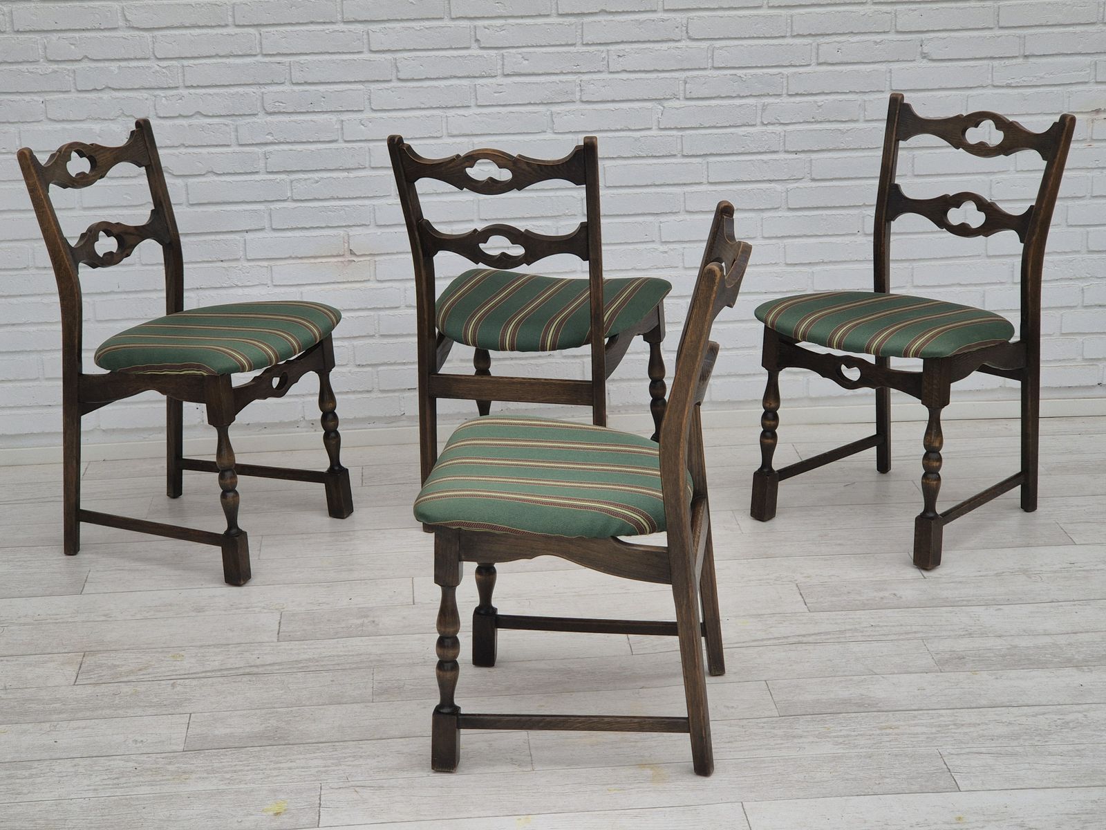 1970s, Set Of 4 Danish Dining Chairs, Original Condition, Dark Oak Wood, Furniture Wool Fabric. photo for sale