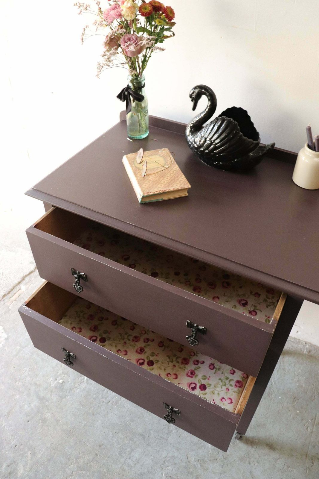 Vintage Painted Two Drawer Washstand Or Chest Of Drawers On Castors In Deep Mulberry photo buy